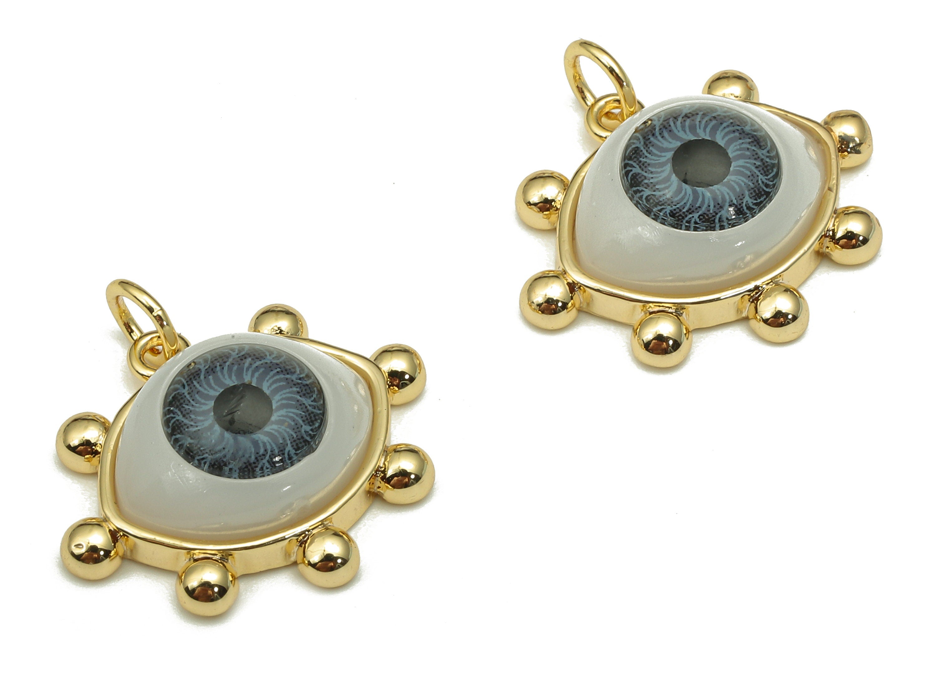 Brass Acrylic Eye Earring Charm - Grey Eyeball Earring For Necklace - Pendant With Loop - 18K Real Gold Plating - 21.1x17.2x7.2mm - RGP5267 - DOMEDBAZAAR