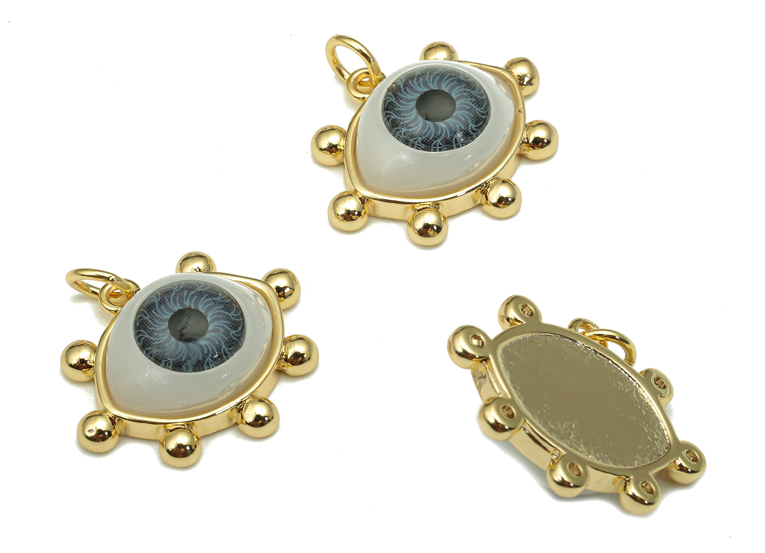 Brass Acrylic Eye Earring Charm - Grey Eyeball Earring For Necklace - Pendant With Loop - 18K Real Gold Plating - 21.1x17.2x7.2mm - RGP5267 - DOMEDBAZAAR