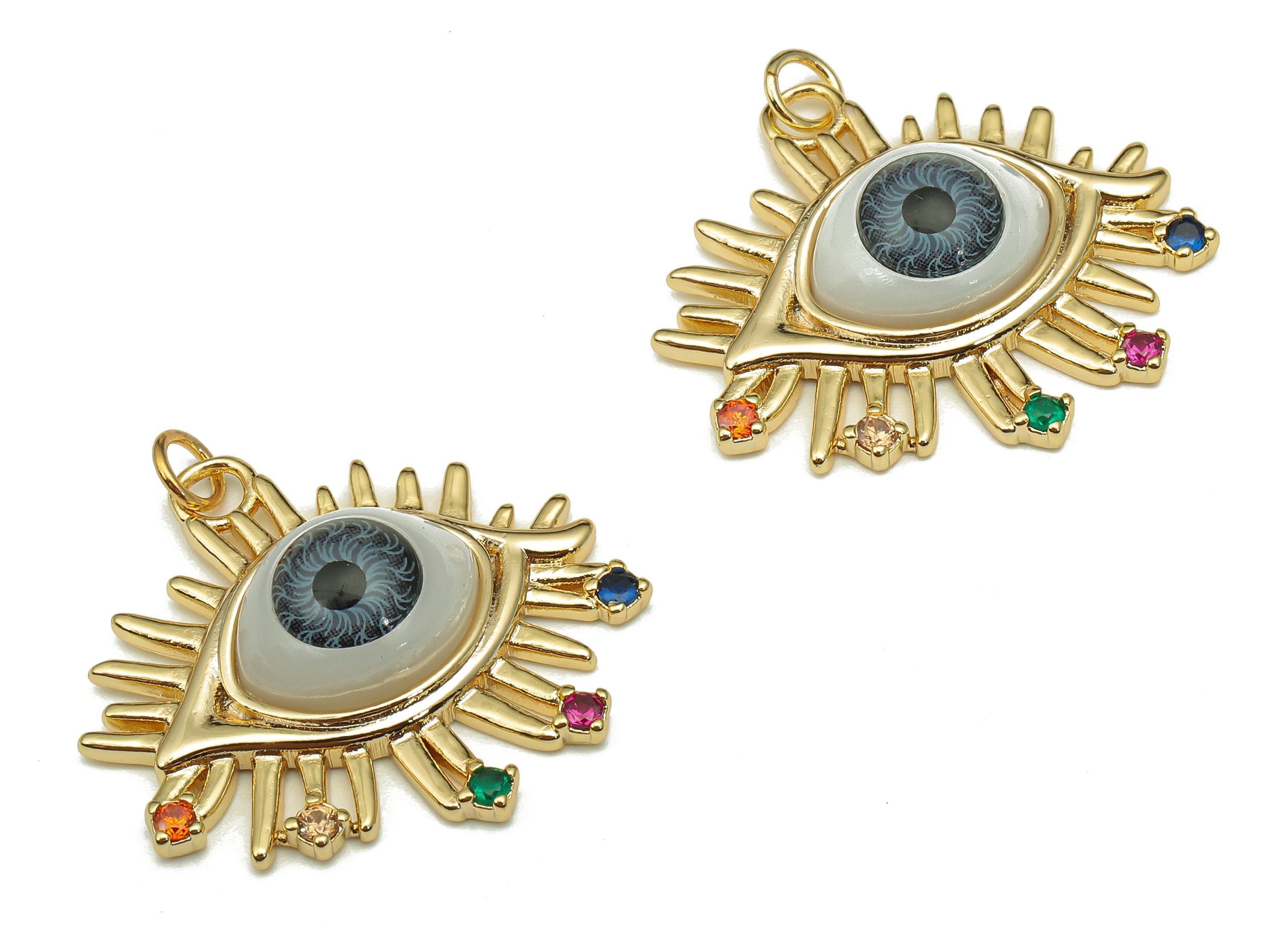 Brass Acrylic Eye Charm - Rainbow Zircon Grey Eyeball Earring - Eyelash Pendant With Loop - 18K Real Gold Plating - 31.3x28.3x7.5mm -RGP5268 - DOMEDBAZAAR