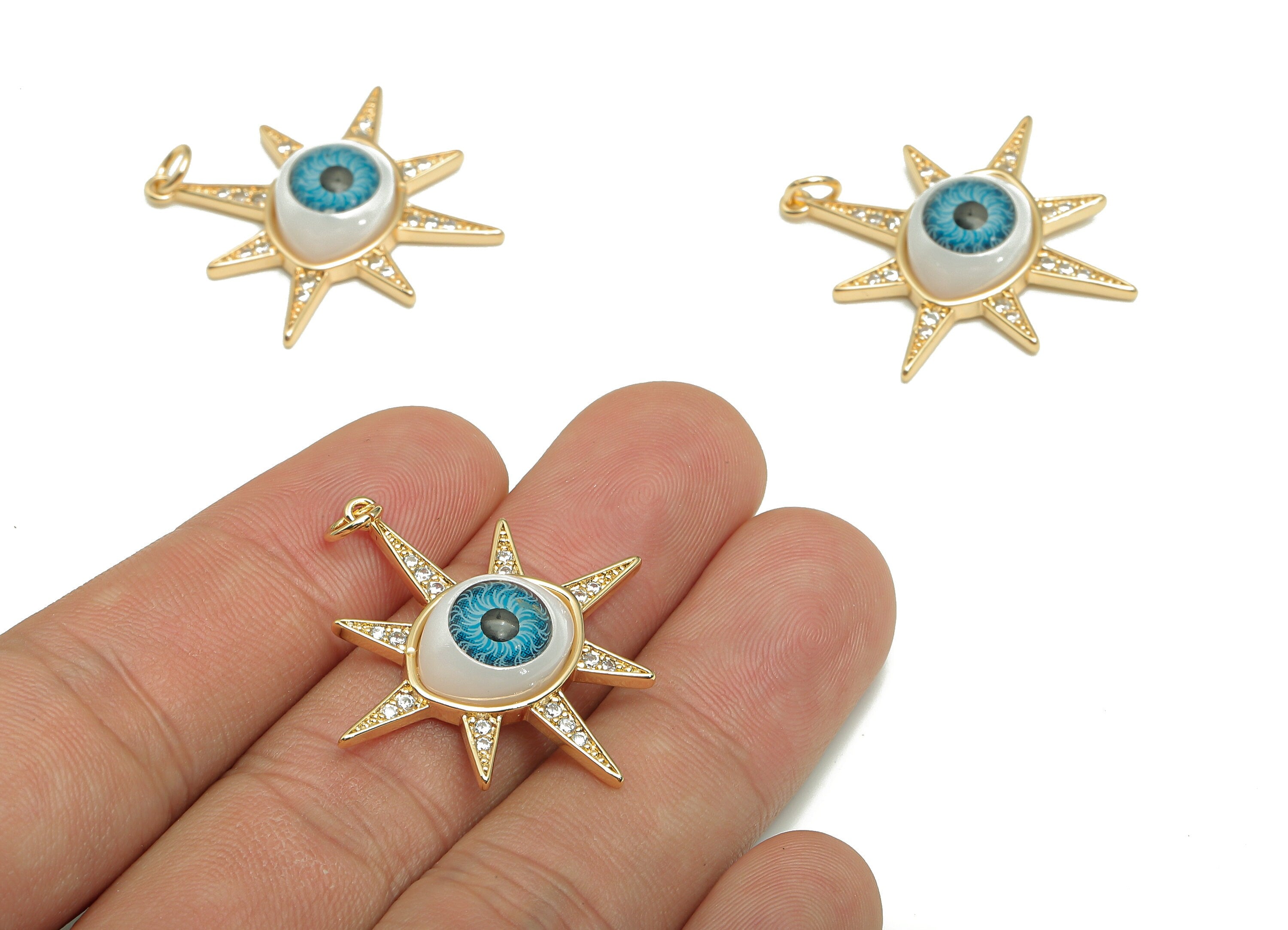 Brass Acrylic Star Eye Charm - Zircon Blue Eyeball Earring - Eyelash Pendant With Loop - 18K Real Gold Plating - 35.7x30.7x7.1mm - RGP5269 - DOMEDBAZAAR