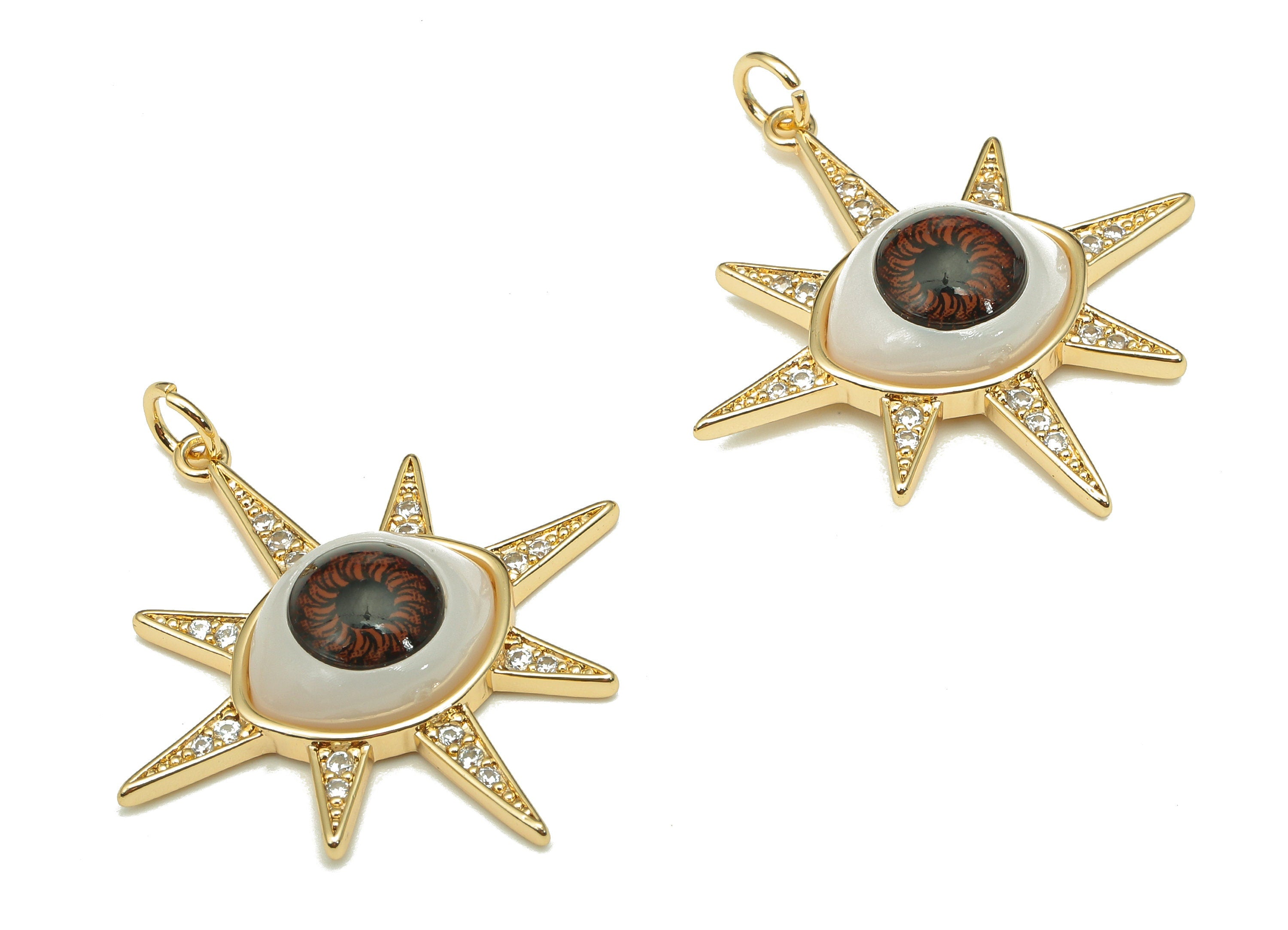 Brass Acrylic Star Eye Charm - Zircon Brown Eyeball Earring - Eyelash Pendant With Loop - 18K Real Gold Plating - 35.7x30.7x7.1mm - RGP5271 - DOMEDBAZAAR