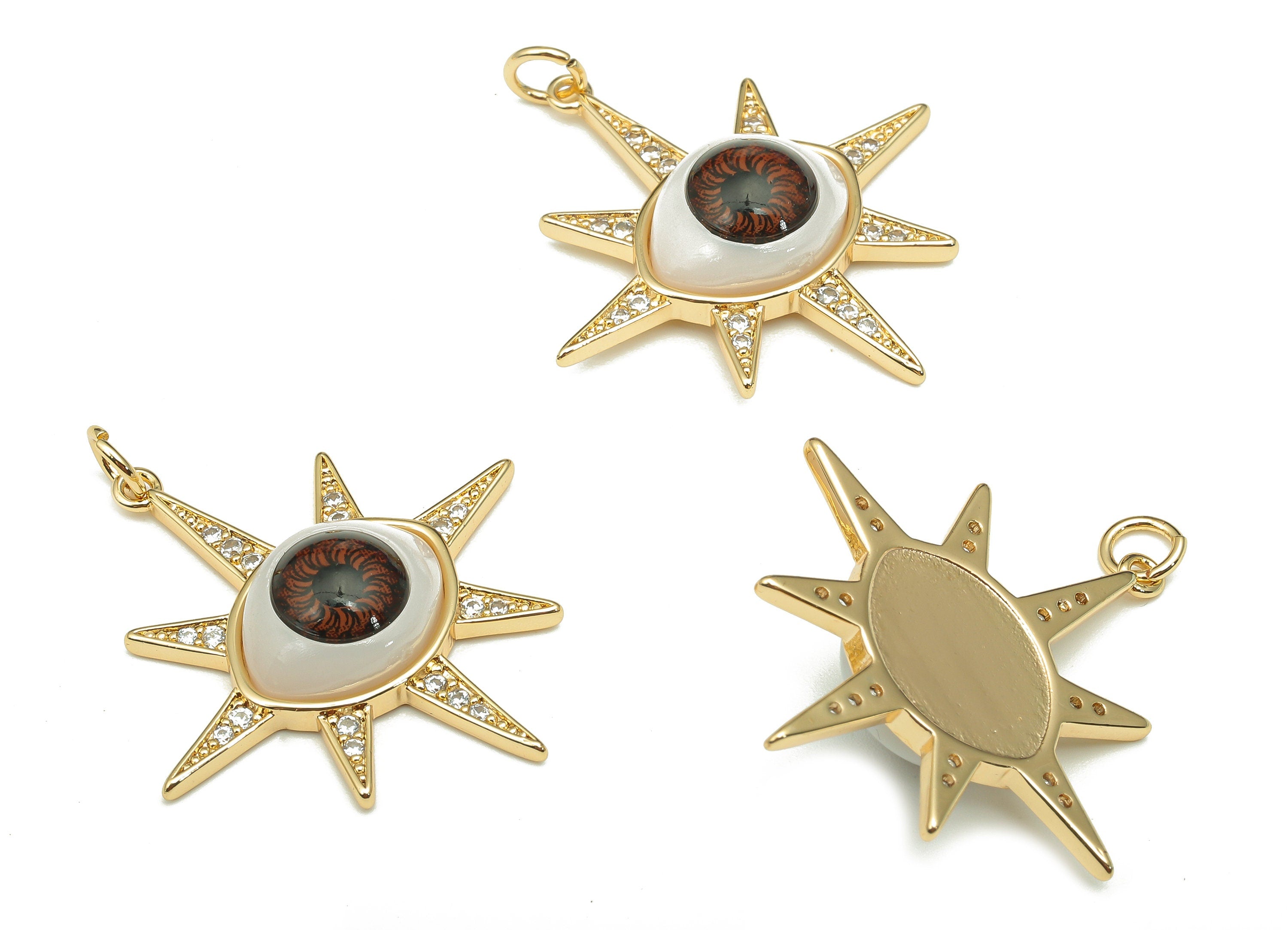 Brass Acrylic Star Eye Charm - Zircon Brown Eyeball Earring - Eyelash Pendant With Loop - 18K Real Gold Plating - 35.7x30.7x7.1mm - RGP5271 - DOMEDBAZAAR
