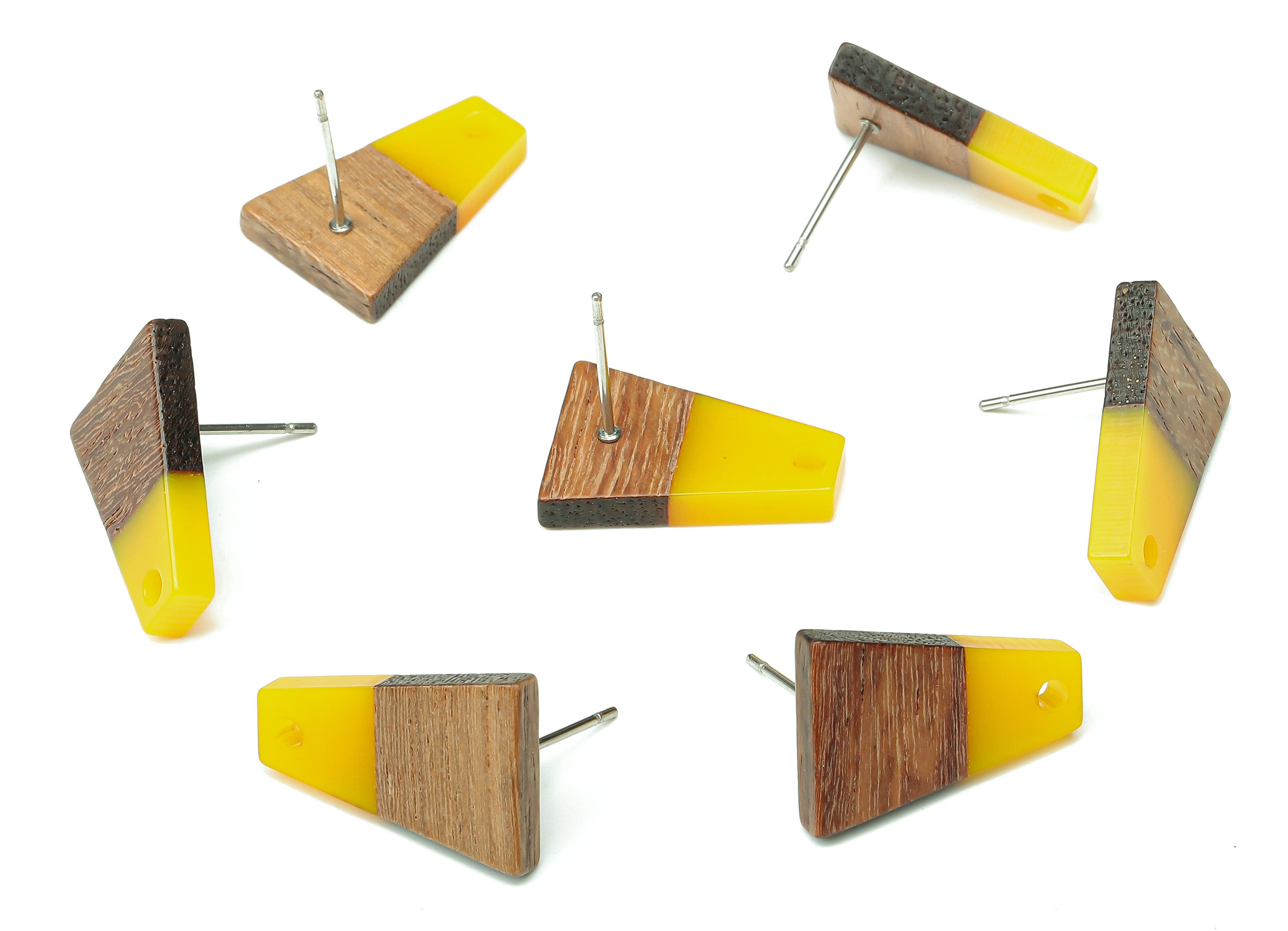 Natural Wooden Trapezoid Earring Stud - Walnut Wood Yellow Resin Earring Post - 316 Stainless Steel Stud - 17.86x12.37x2.5mm - BB1260R - DOMEDBAZAAR