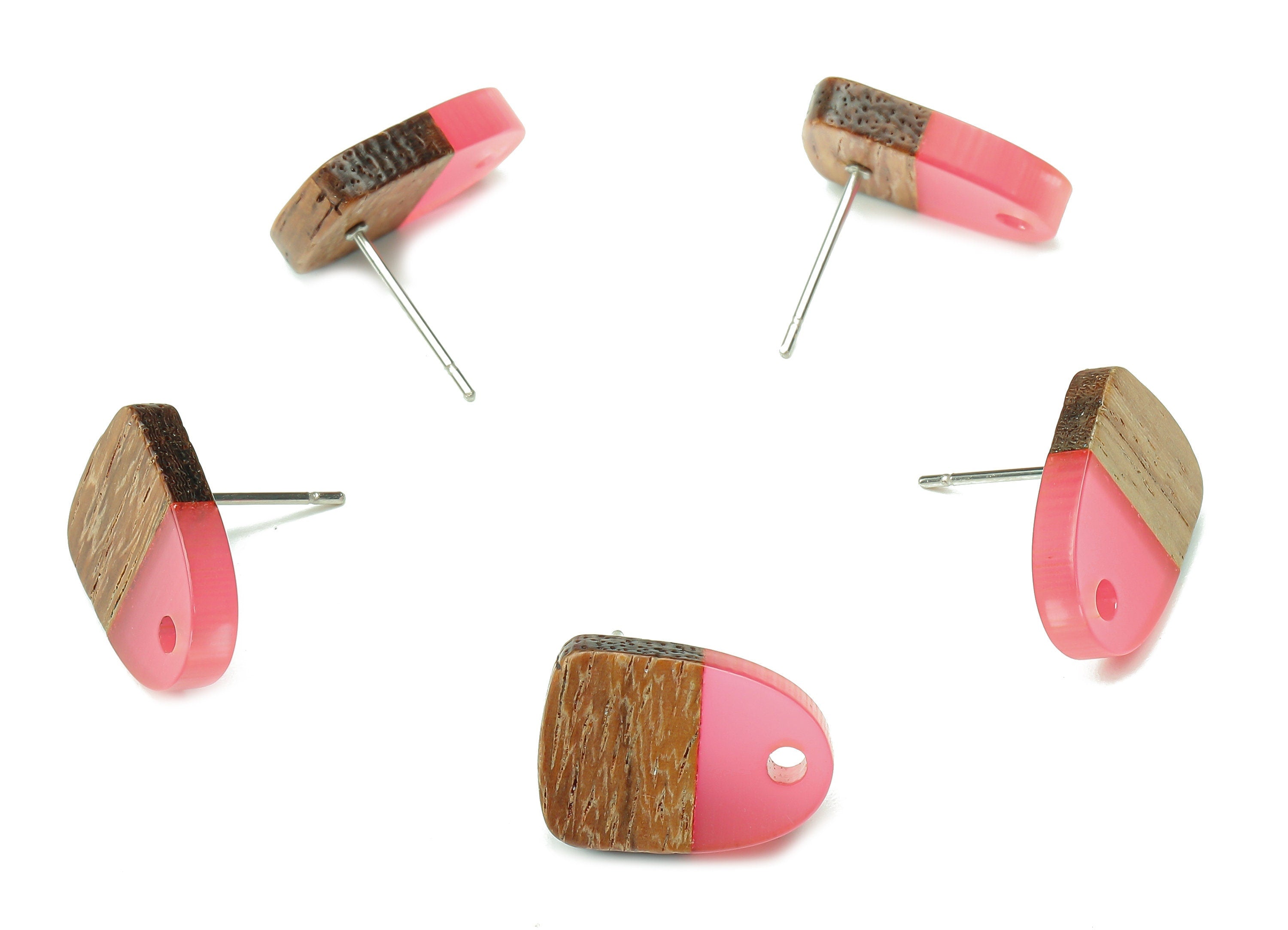 Natural Wooden Domed Earring Stud - Walnut Wood Pink Resin Drop Earring Post - 316 Stainless Steel Stud - 15.18x11.01x3.18mm - BB1261J - DOMEDBAZAAR