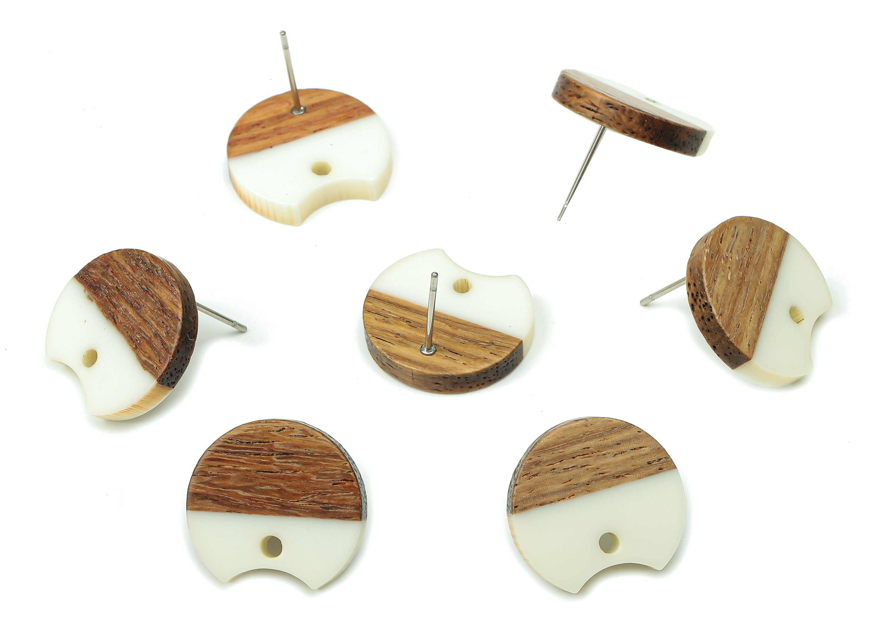 Natural Wooden Round Earring Stud - Walnut Wood White Resin Circle Earring Post - 316 Stainless Steel Stud - 17x15.93x2.8mm - BB1262C - DOMEDBAZAAR
