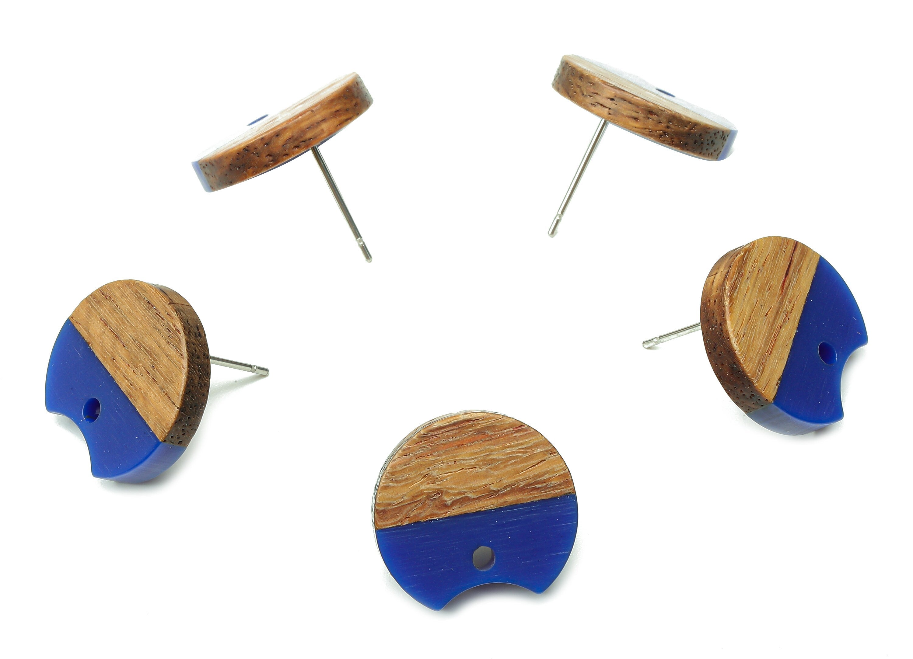 Natural Wooden Round Earring Stud - Walnut Wood Dark Blue Resin Circle Earring Post - 316 Stainless Steel Stud - 17x15.93x2.8mm - BB1262D - DOMEDBAZAAR