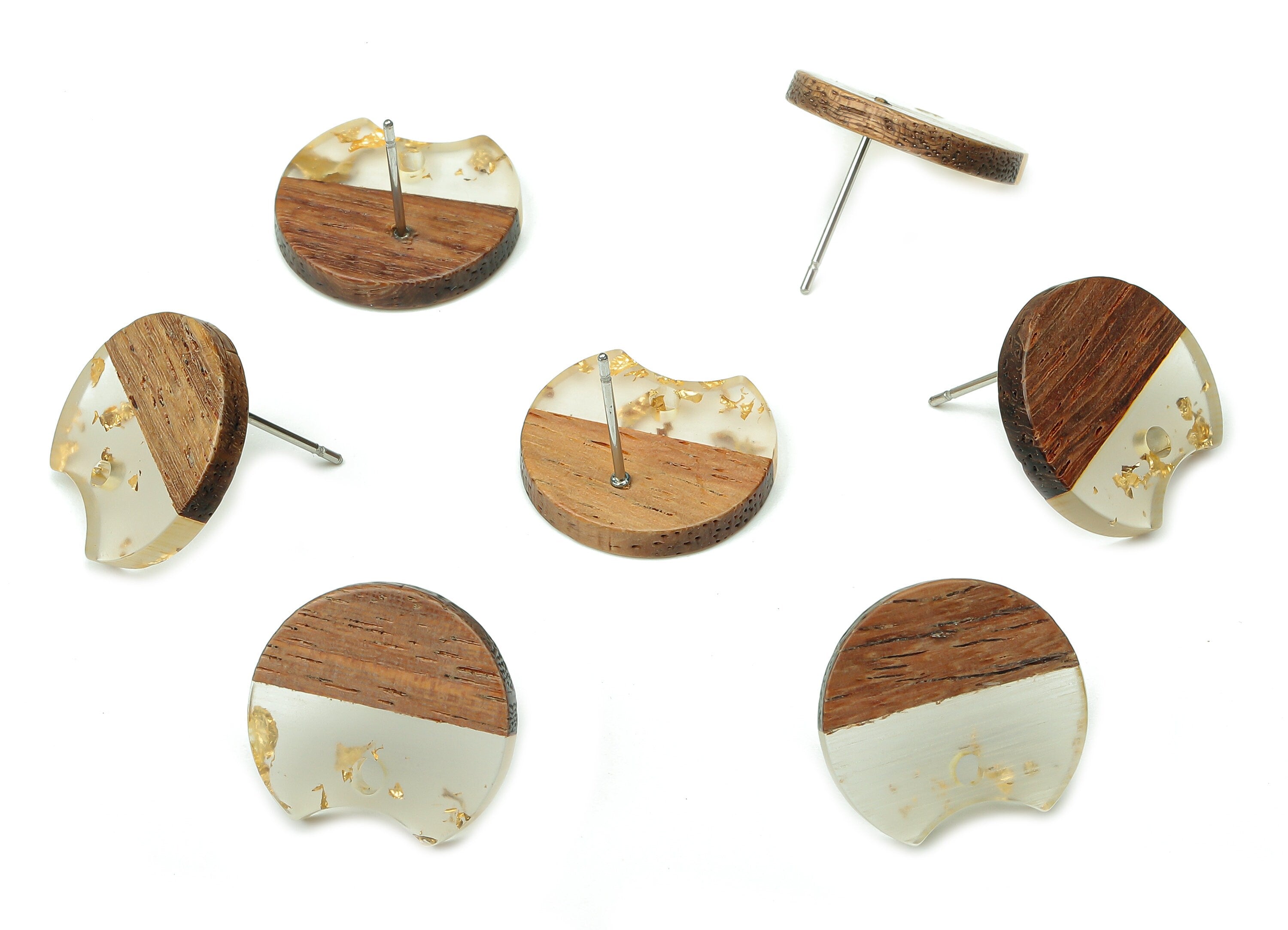 Natural Wooden Round Earring Stud - Walnut Wood Gold Foil Clear Resin Circle Earring Post - 316 Stainless Steel Stud -17x15.9x2.8mm -BB1262E - DOMEDBAZAAR