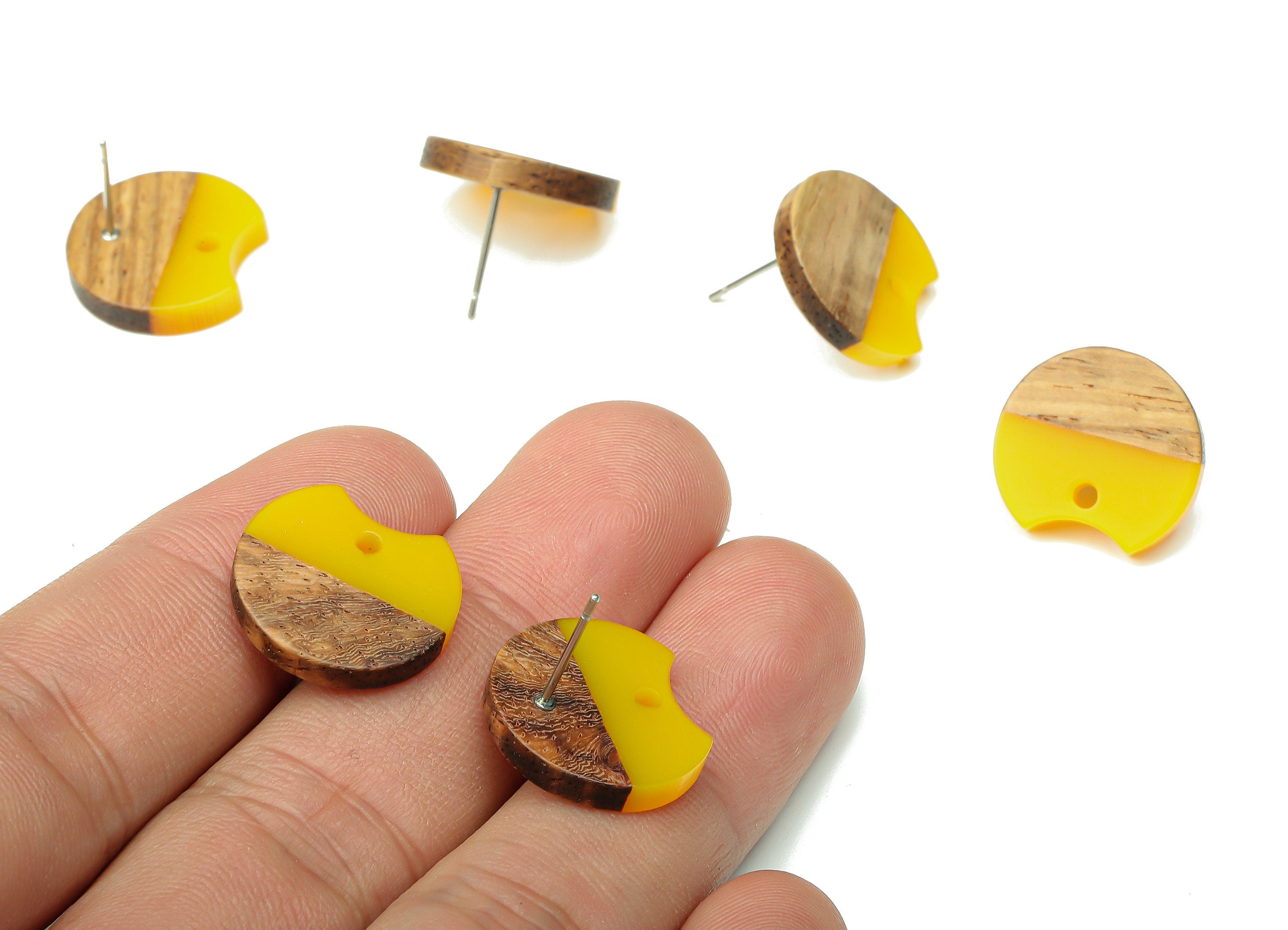 Natural Wooden Round Earring Stud - Walnut Wood Yellow Resin Circle Earring Post - 316 Stainless Steel Stud - 17x15.93x2.8mm - BB1262L - DOMEDBAZAAR