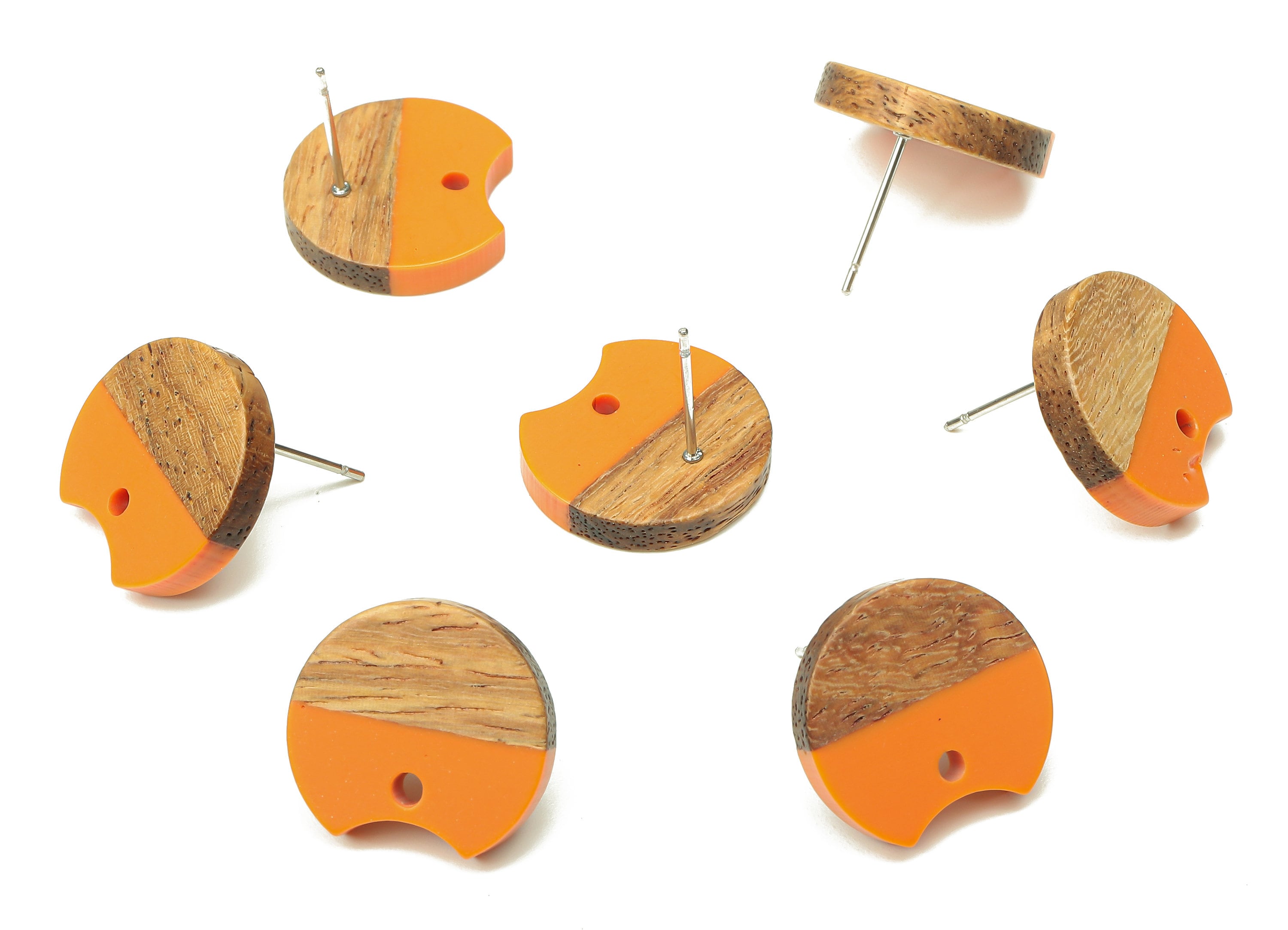 Natural Wooden Round Earring Stud - Walnut Wood Orange Resin Circle Earring Post - 316 Stainless Steel Stud - 17x15.93x2.8mm - BB1262R - DOMEDBAZAAR