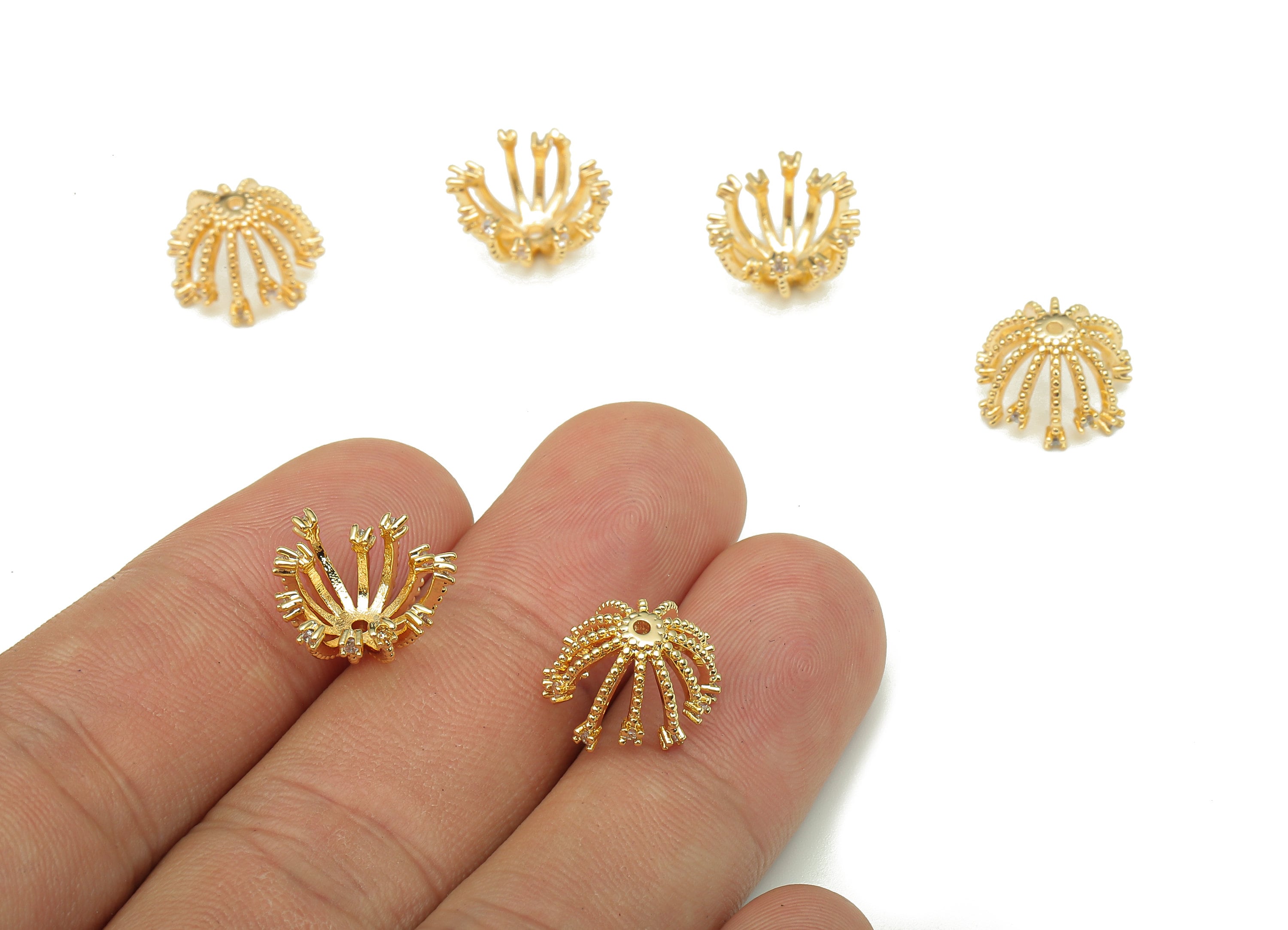 Brass Flower Bead Caps - Gold Flower Cap Ends - Flower With Zircon - 18K Real Gold Plating - 12.8x7.9x2.3mm - RGP5284 - DOMEDBAZAAR