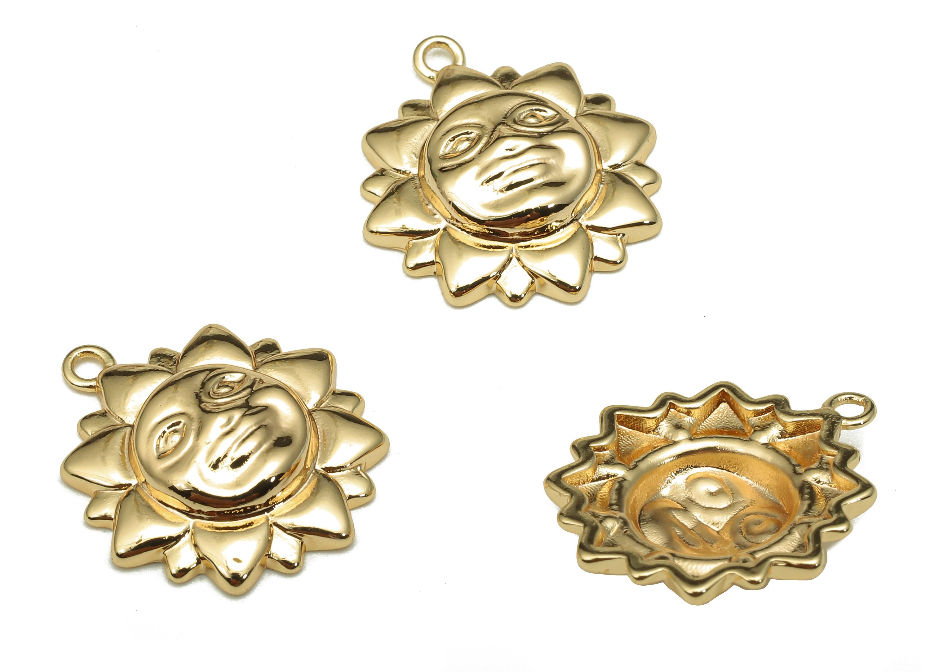 Brass Sun Face Earring Charm - Gold Moon Face Earring - Sun Pendant With Loop - 18K Real Gold Plating - 18.8x15.8x1.8mm - RGP5295 - DOMEDBAZAAR