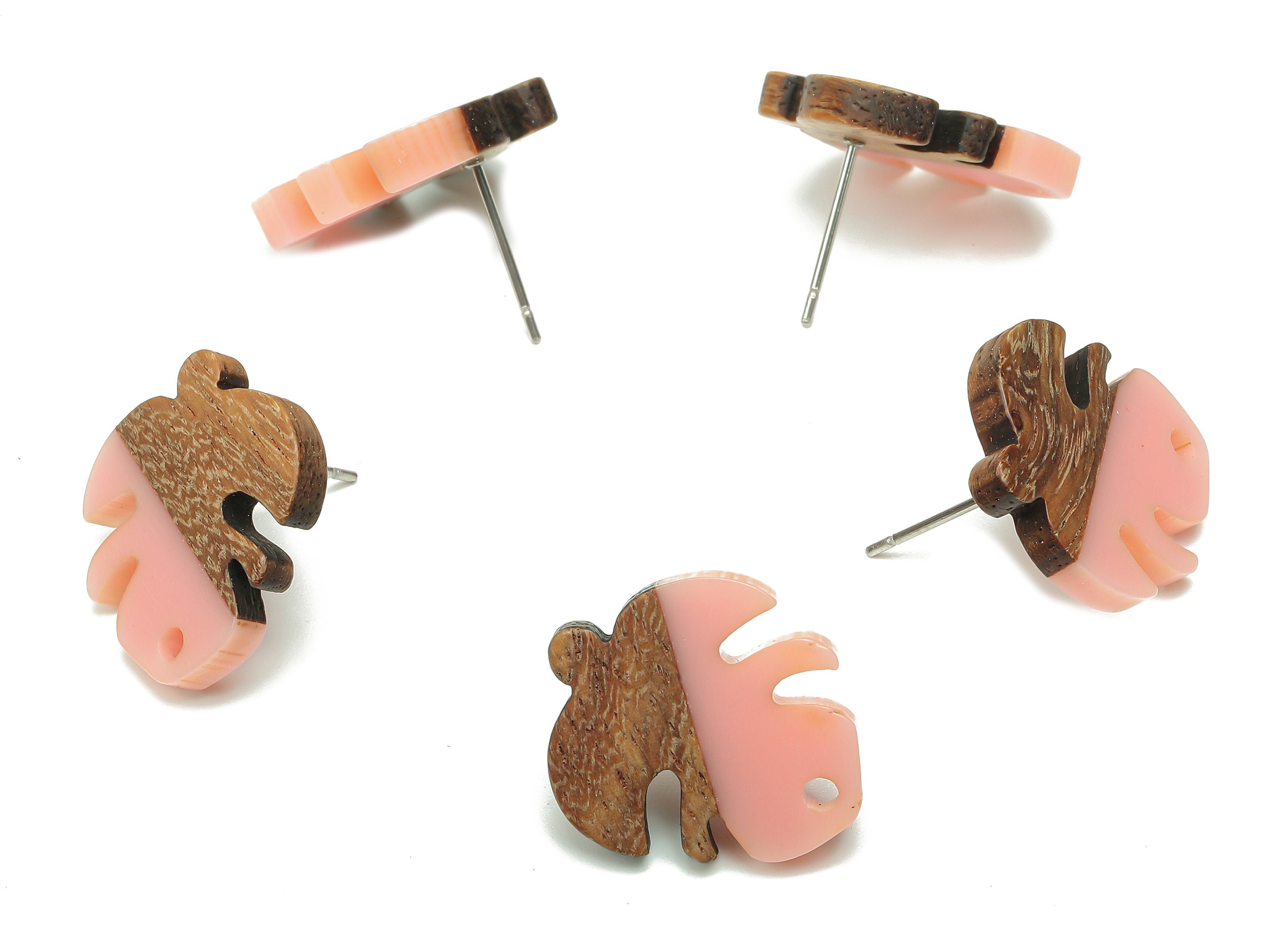 Natural Wooden Leaf Earring Stud - Walnut Wood Pink Resin Monstera Earring Post - 316 Stainless Steel Stud - 19.38x17.07x2.48mm - BB1255E - DOMEDBAZAAR