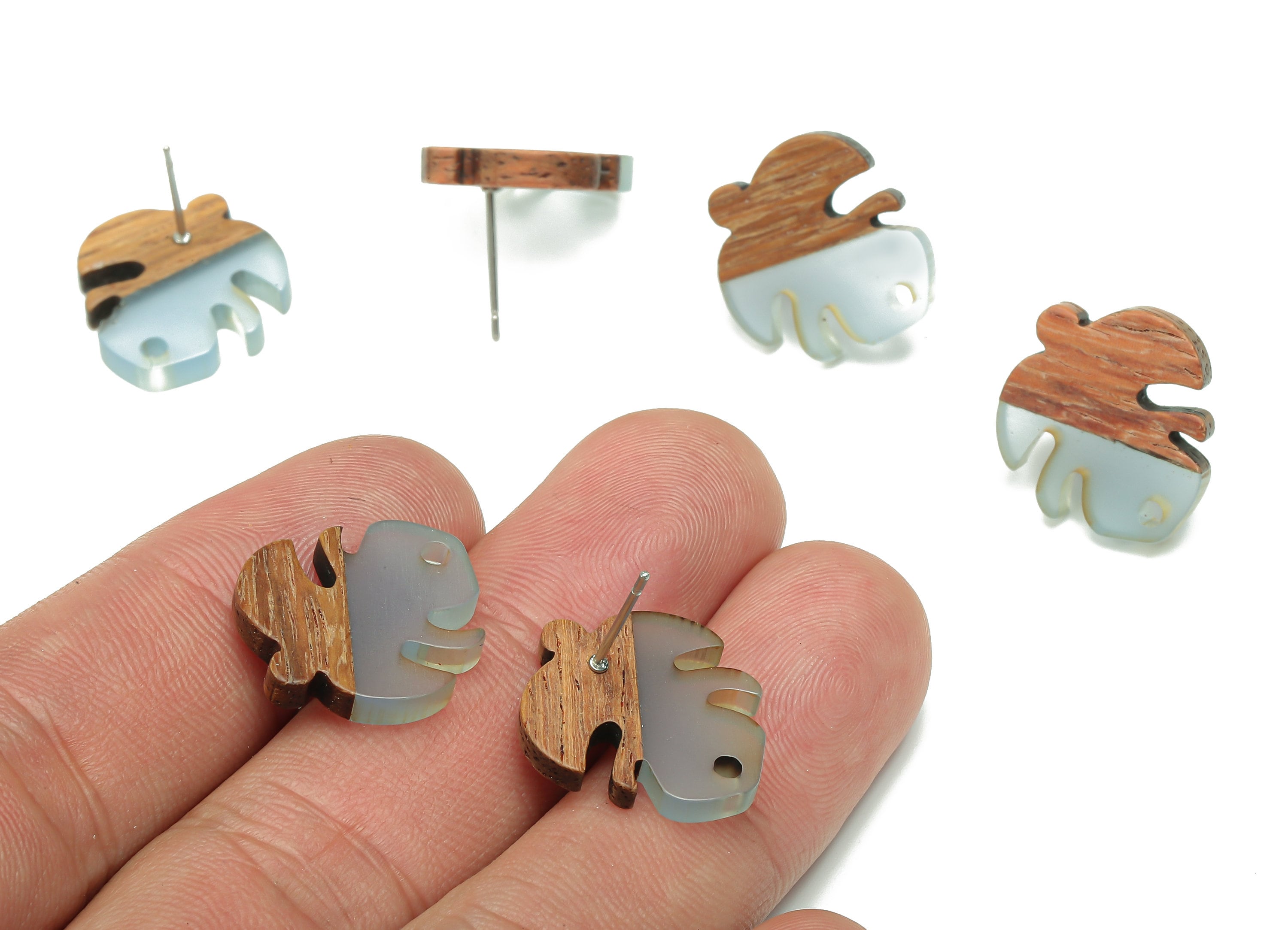 Natural Wooden Leaf Earring Stud - Walnut Wood Light Blue Resin Monstera Earring Post - 316 Stainless Steel Stud - 19.4x17.1x2.5mm - BB1255J - DOMEDBAZAAR