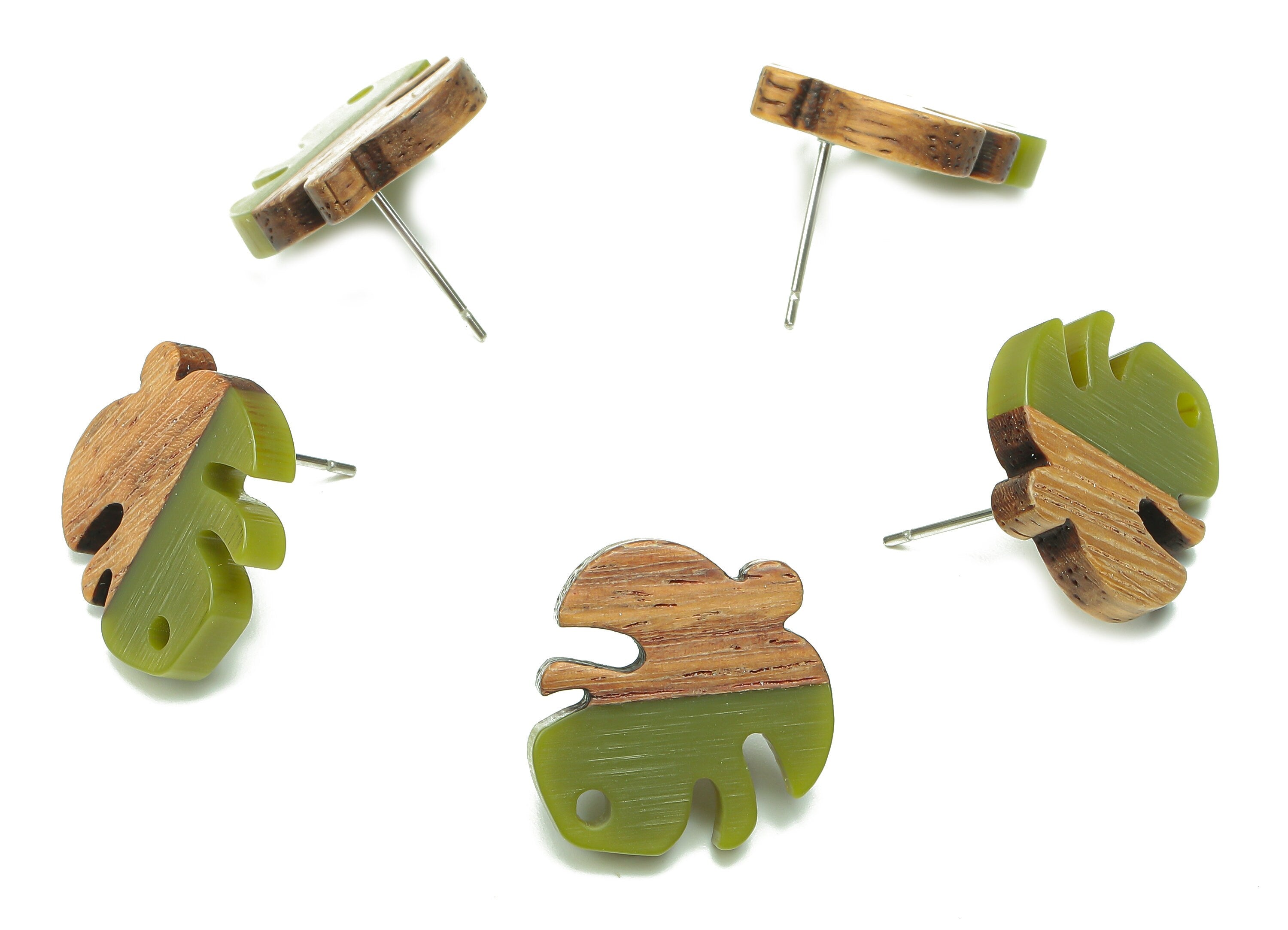 Natural Wooden Leaf Earring Stud - Walnut Wood Green Resin Monstera Earring Post - 316 Stainless Steel Stud - 19.38x17.07x2.48mm - BB1255R - DOMEDBAZAAR