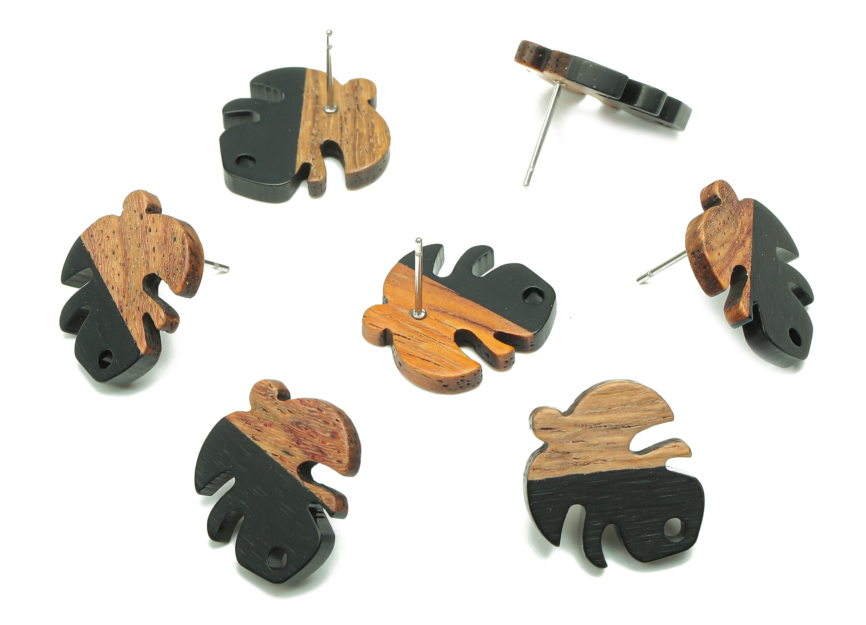Natural Wooden Leaf Earring Stud - Walnut Wood Black Resin Monstera Earring Post - 316 Stainless Steel Stud - 19.38x17.07x2.48mm - BB1255S - DOMEDBAZAAR