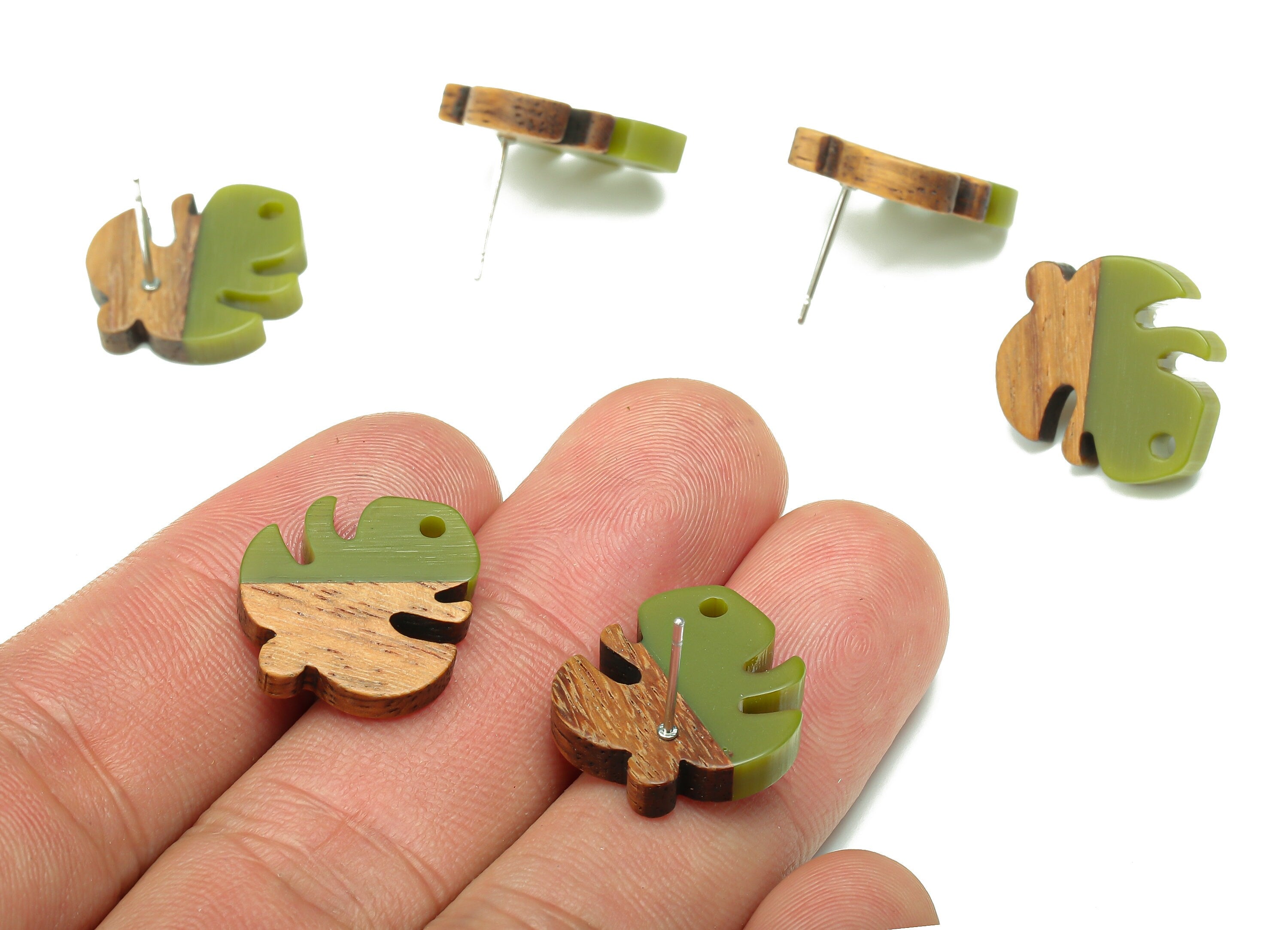 Natural Wooden Leaf Earring Stud - Walnut Wood Green Resin Monstera Earring Post - 316 Stainless Steel Stud - 19.38x17.07x2.48mm - BB1255R - DOMEDBAZAAR