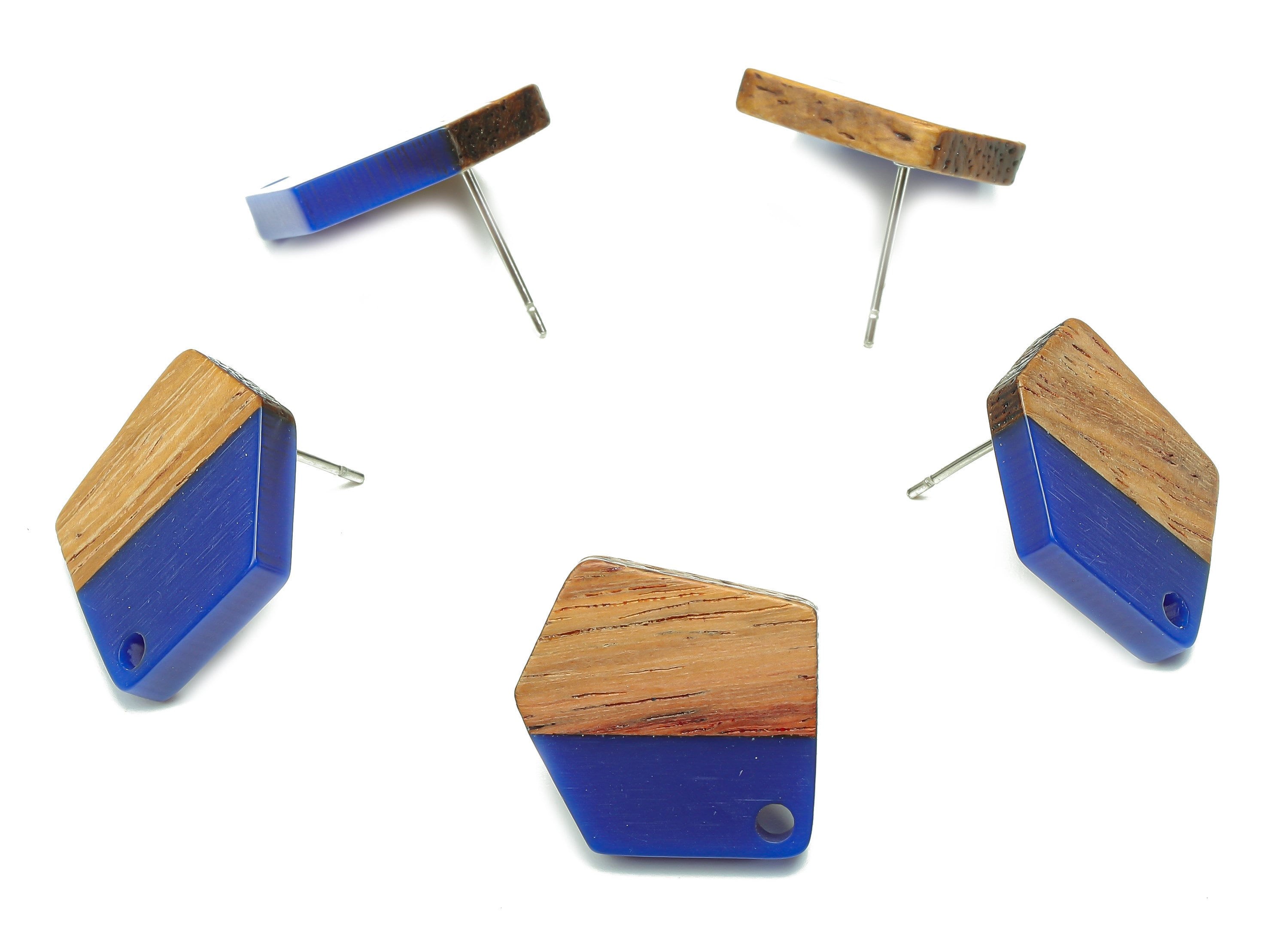 Natural Wooden Pentagon Earring Stud - Walnut Wood Blue Resin Irregular Earring Post - 316 Stainless Steel Stud - 20.7x17.6x3.1mm - BB1256A - DOMEDBAZAAR