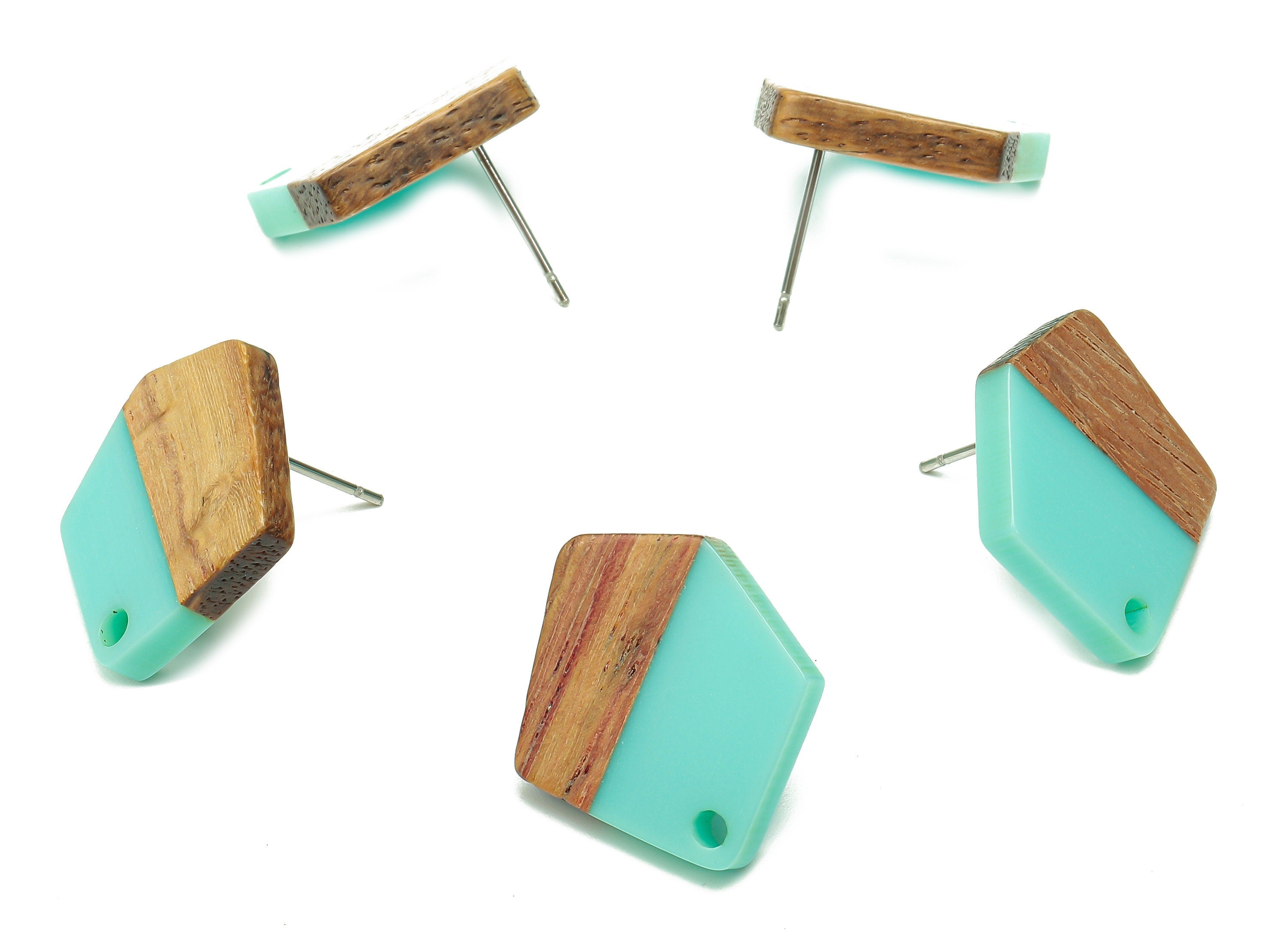 Natural Wooden Pentagon Earring Stud - Walnut Wood Aqua Resin Irregular Earring Post - 316 Stainless Steel Stud - 20.7x17.6x3.1mm - BB1256B - DOMEDBAZAAR