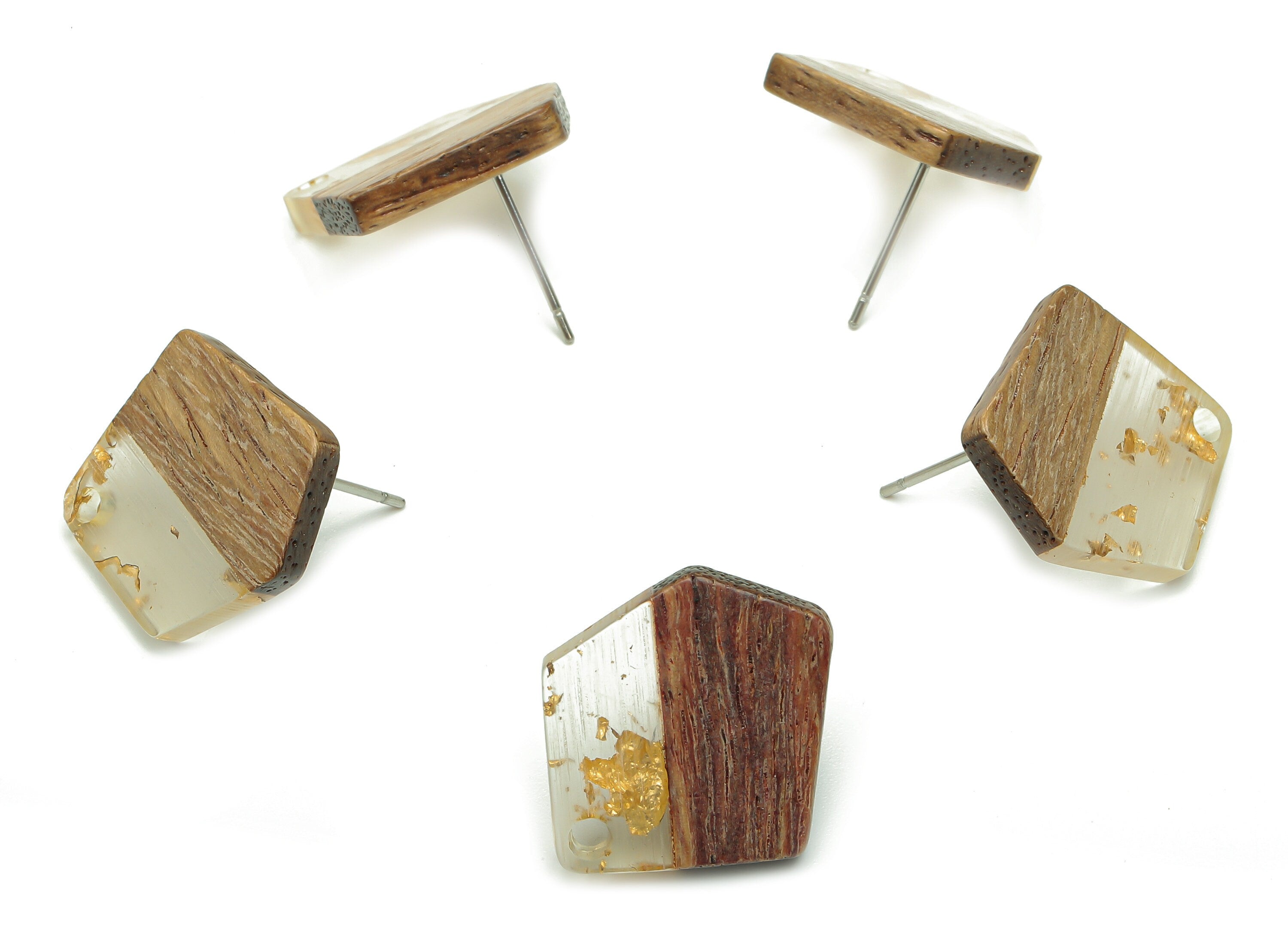 Natural Wooden Pentagon Earring Stud - Walnut Wood Gold Foil Clear Resin Irregular Post - 316 Stainless Steel Stud -20.7x17.6x3.1mm -BB1256D - DOMEDBAZAAR