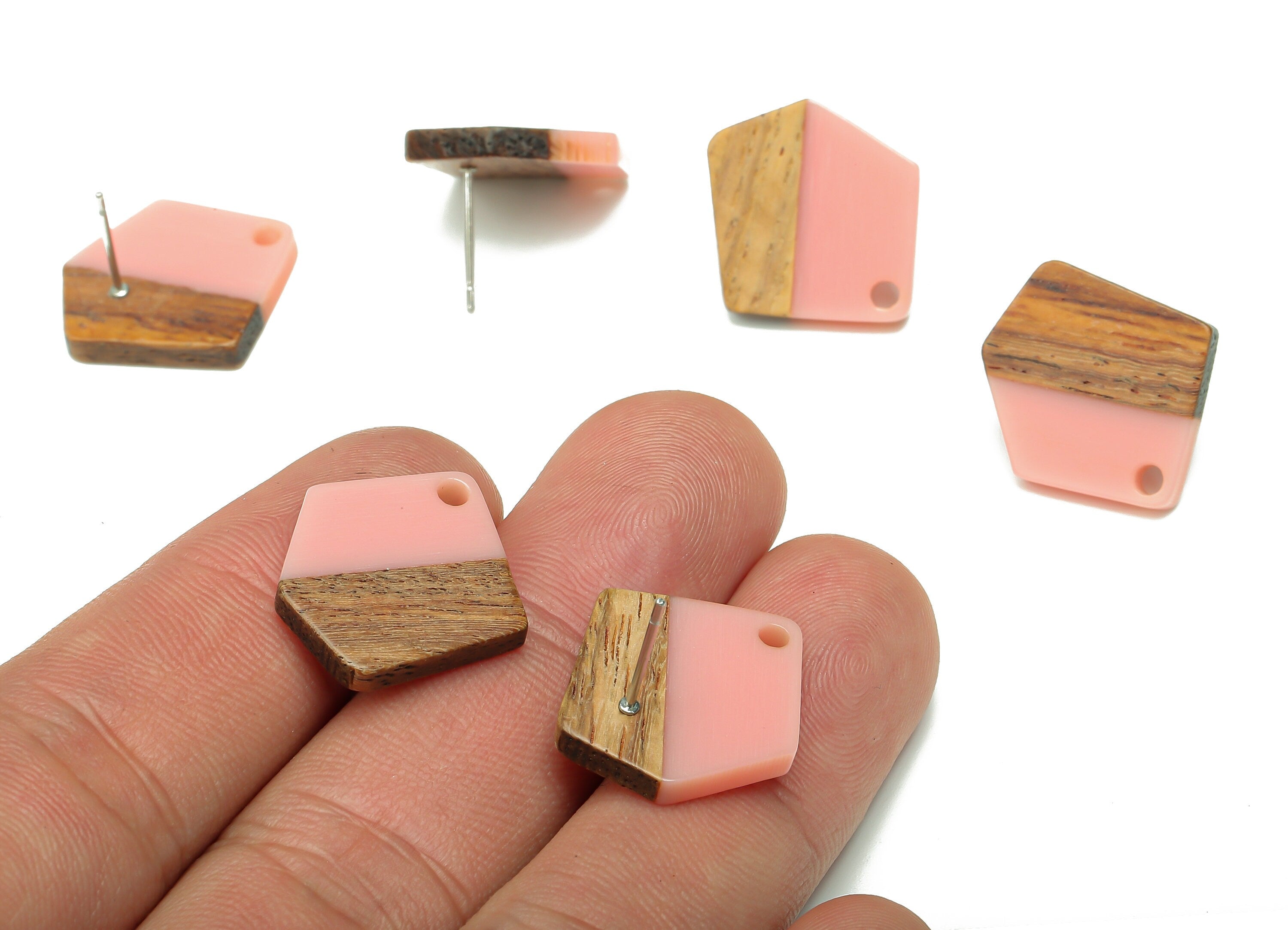 Natural Wooden Pentagon Earring Stud - Walnut Wood Pink Resin Irregular Earring Post - 316 Stainless Steel Stud - 20.7x17.6x3.1mm - BB1256C - DOMEDBAZAAR