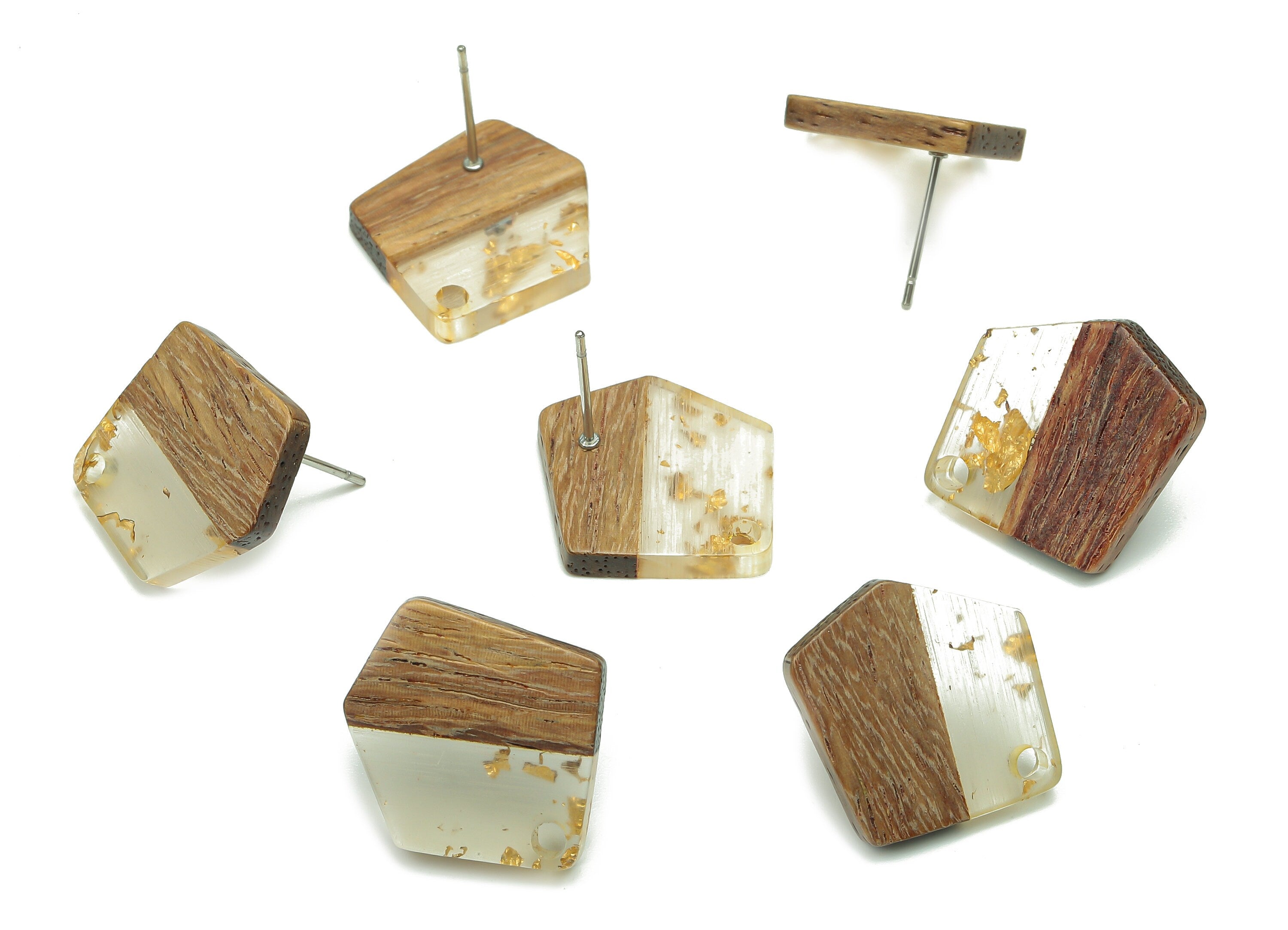 Natural Wooden Pentagon Earring Stud - Walnut Wood Gold Foil Clear Resin Irregular Post - 316 Stainless Steel Stud -20.7x17.6x3.1mm -BB1256D - DOMEDBAZAAR