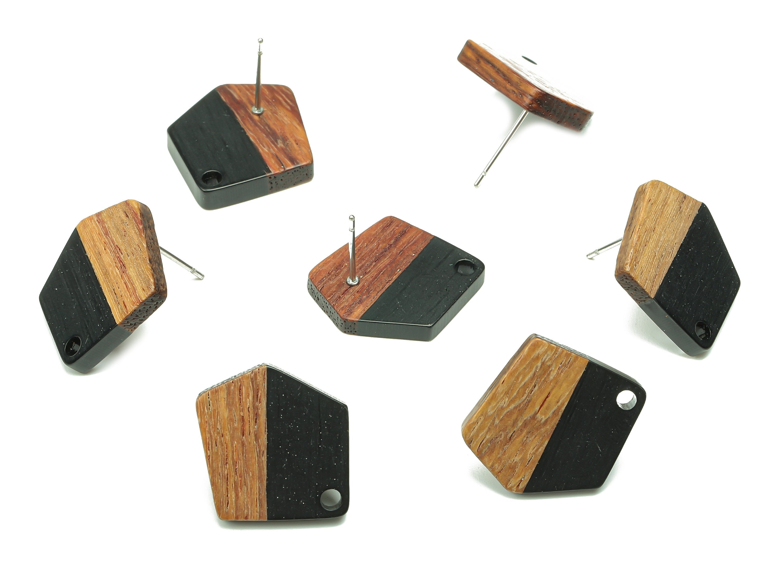 Natural Wooden Pentagon Earring Stud - Walnut Wood Black Resin Irregular Earring Post - 316 Stainless Steel Stud - 20.7x17.6x3.1mm - BB1256E - DOMEDBAZAAR