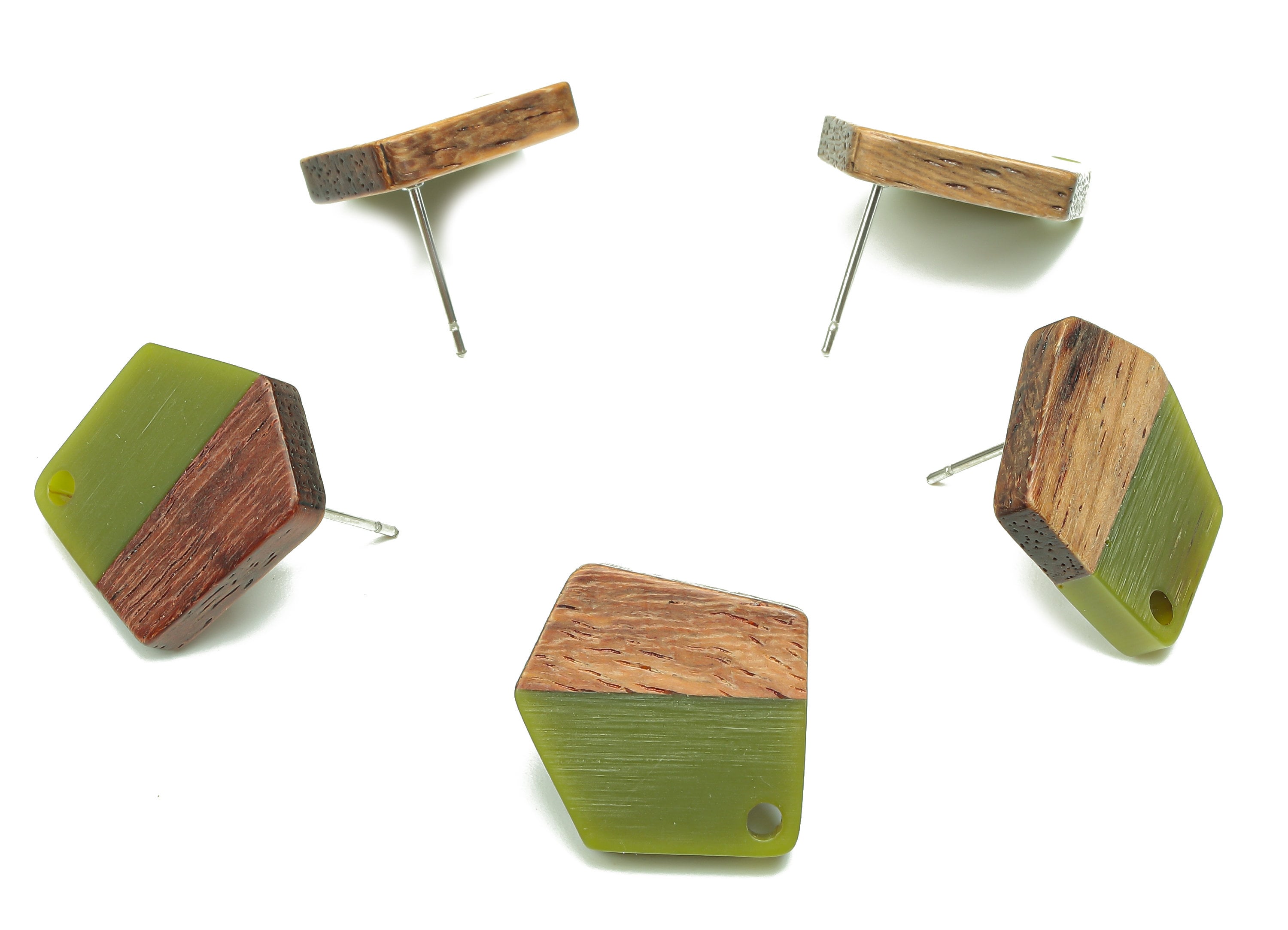 Natural Wooden Pentagon Earring Stud - Walnut Wood Green Resin Irregular Earring Post - 316 Stainless Steel Stud - 20.7x17.6x3.1mm - BB1256F - DOMEDBAZAAR