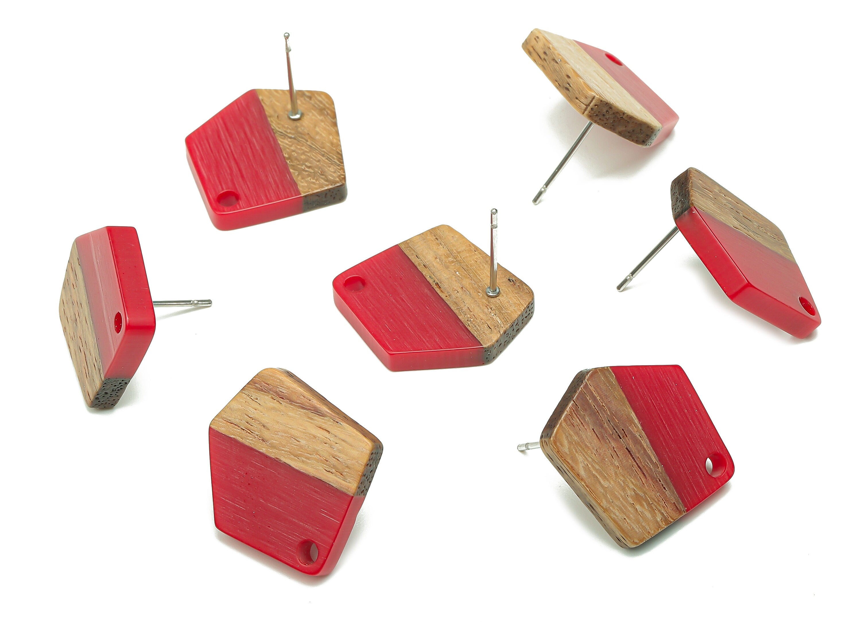 Natural Wooden Pentagon Earring Stud - Walnut Wood Red Resin Irregular Earring Post - 316 Stainless Steel Stud - 20.7x17.6x3.1mm - BB1256H - DOMEDBAZAAR