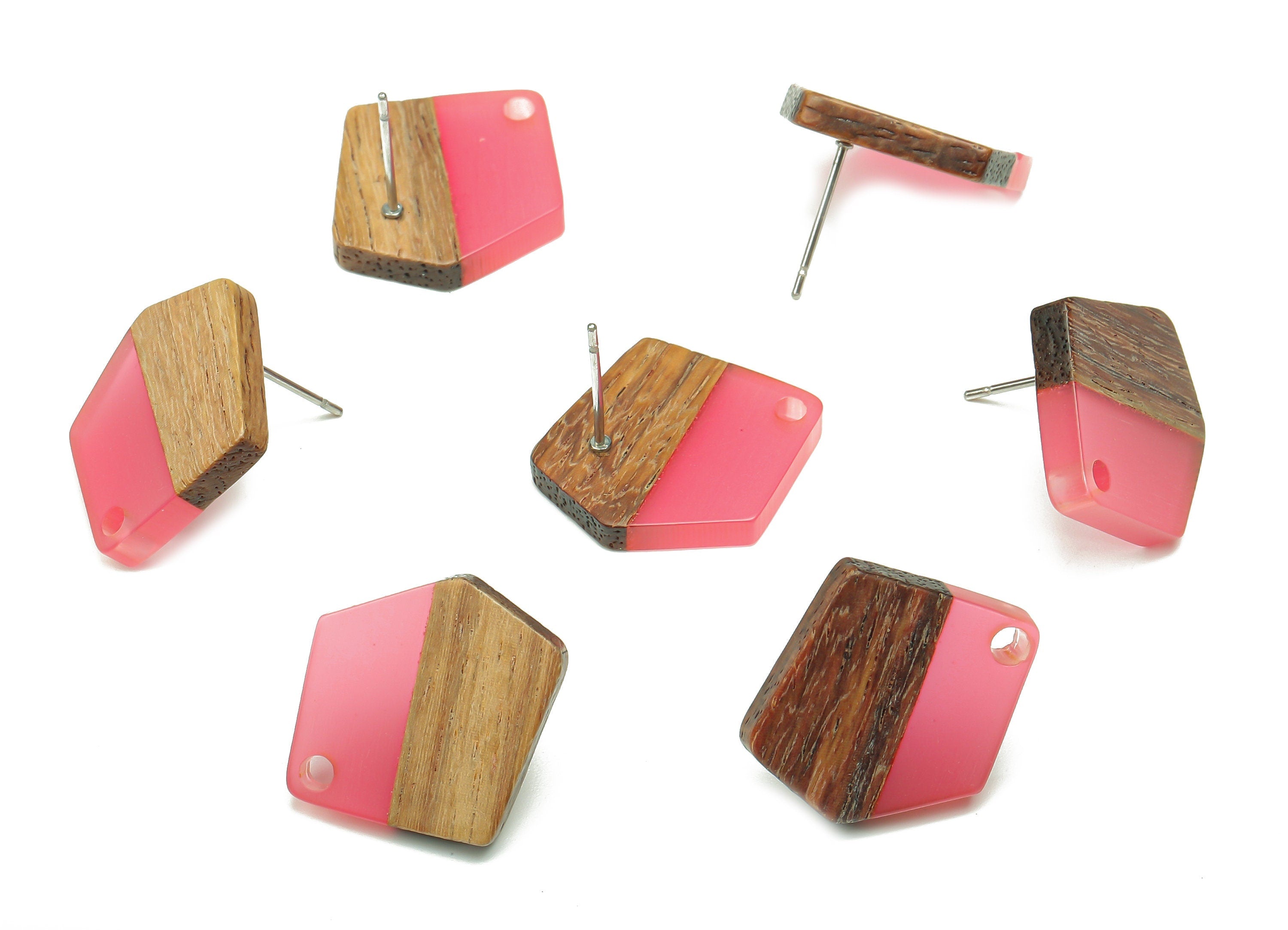 Natural Wooden Pentagon Earring Stud - Walnut Wood Light Red Resin Irregular Earring - 316 Stainless Steel Stud - 20.7x17.6x3.1mm - BB1256L - DOMEDBAZAAR