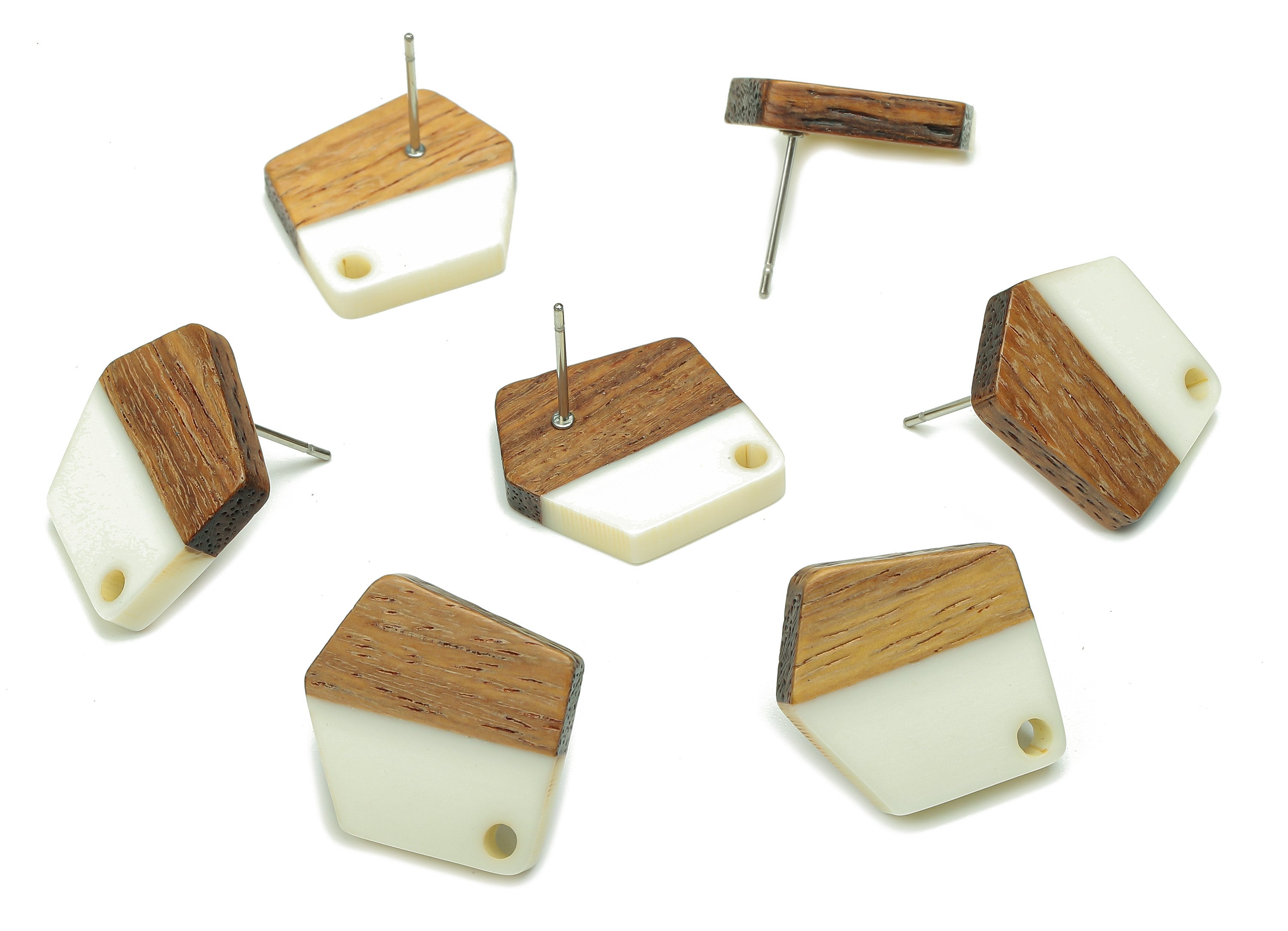 Natural Wooden Pentagon Earring Stud - Walnut Wood White Resin Irregular Earring Post - 316 Stainless Steel Stud - 20.7x17.6x3.1mm - BB1256M - DOMEDBAZAAR