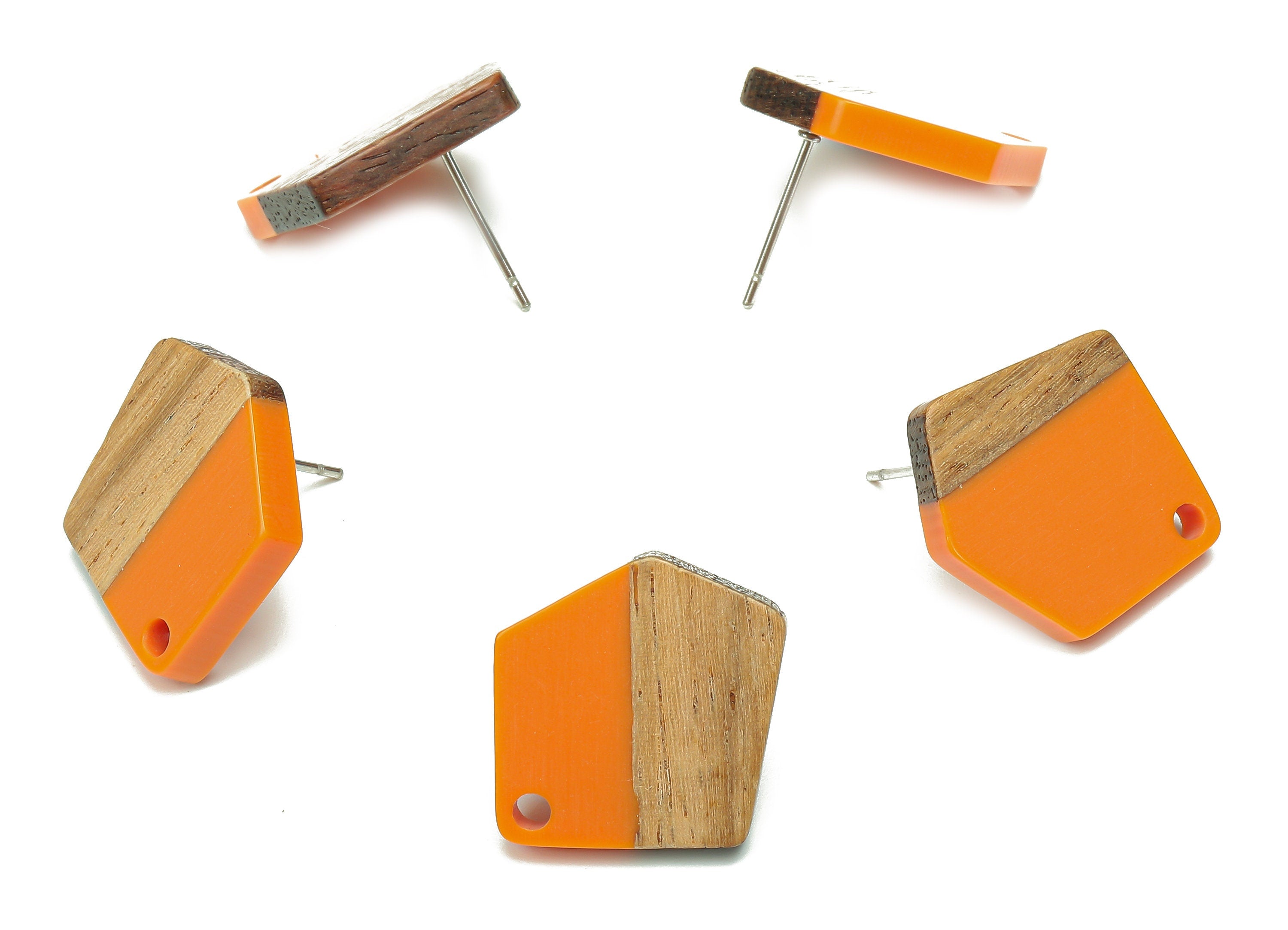 Natural Wooden Pentagon Earring Stud - Walnut Wood Orange Resin Irregular Earring Post - 316 Stainless Steel Stud - 20.7x17.6x3.1mm -BB1256R - DOMEDBAZAAR
