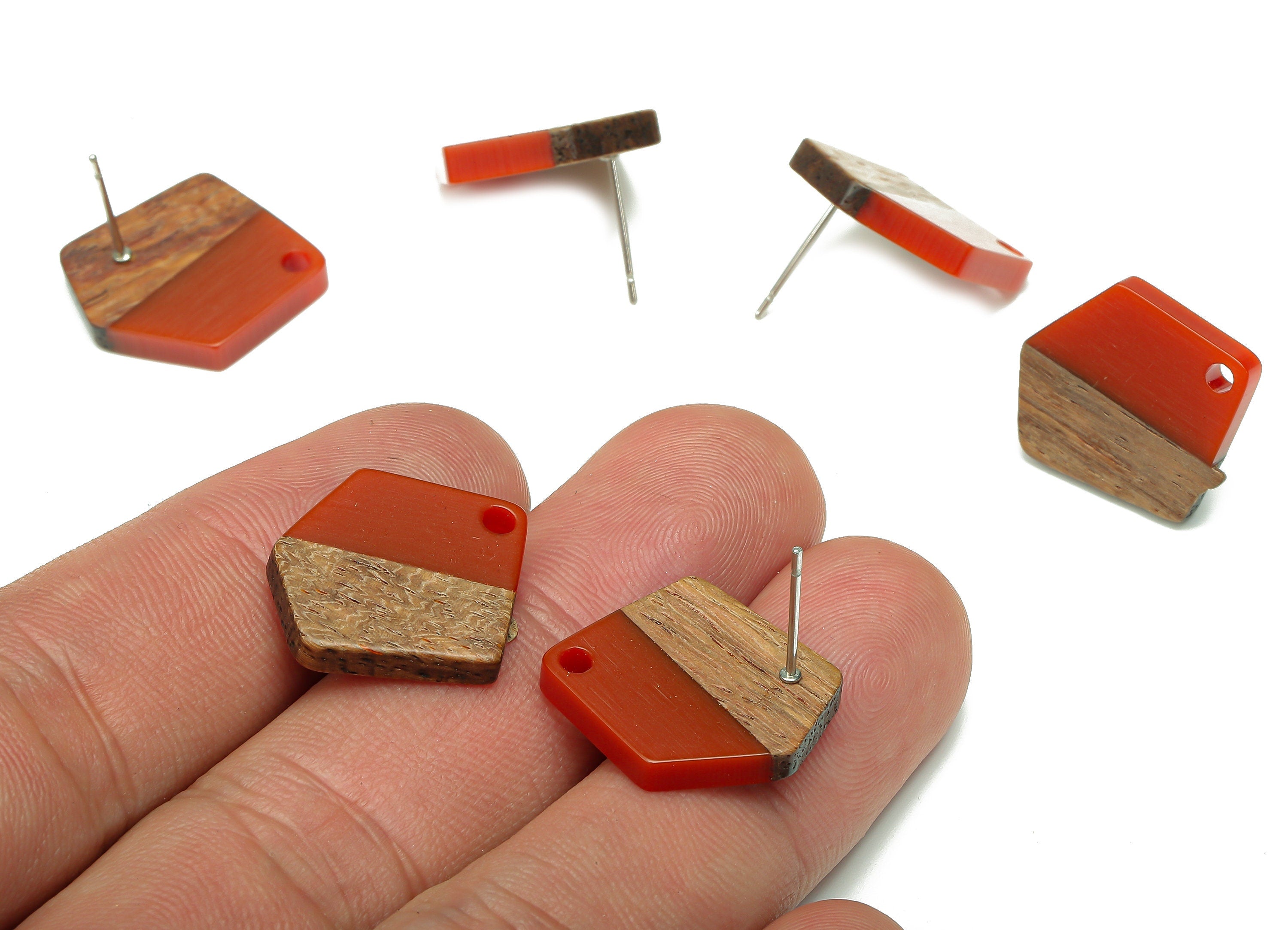 Natural Wooden Pentagon Earring Stud - Walnut Wood Red Resin Irregular Earring Post - 316 Stainless Steel Stud - 20.7x17.6x3.1mm - BB1256K - DOMEDBAZAAR