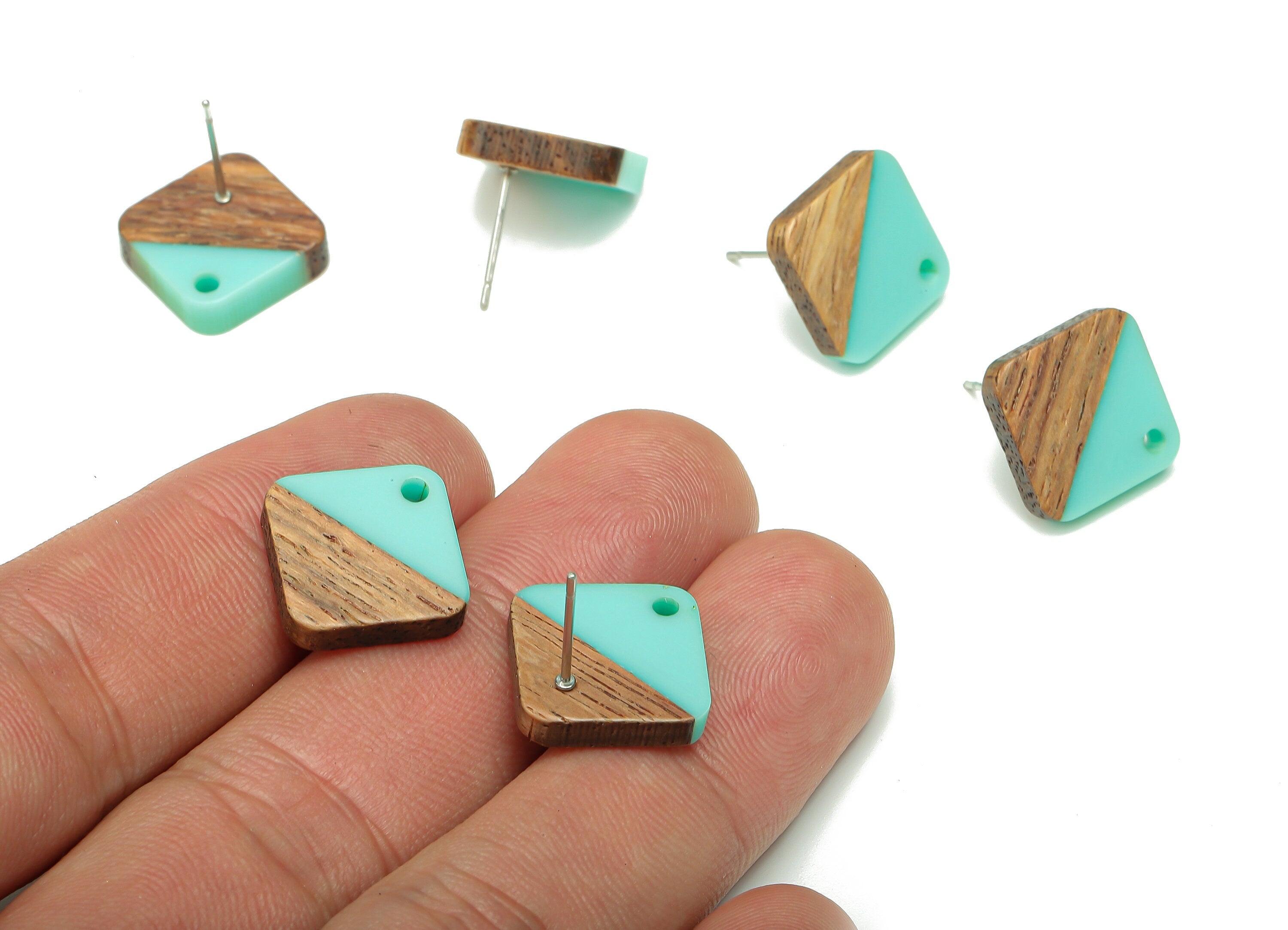 Natural Wooden Diamond Earring Stud - Walnut Wood Rhombus Aqua Resin Earring Post - 316 Stainless Steel Stud - 17.14x17.14x2.95mm - BB1257A - DOMEDBAZAAR