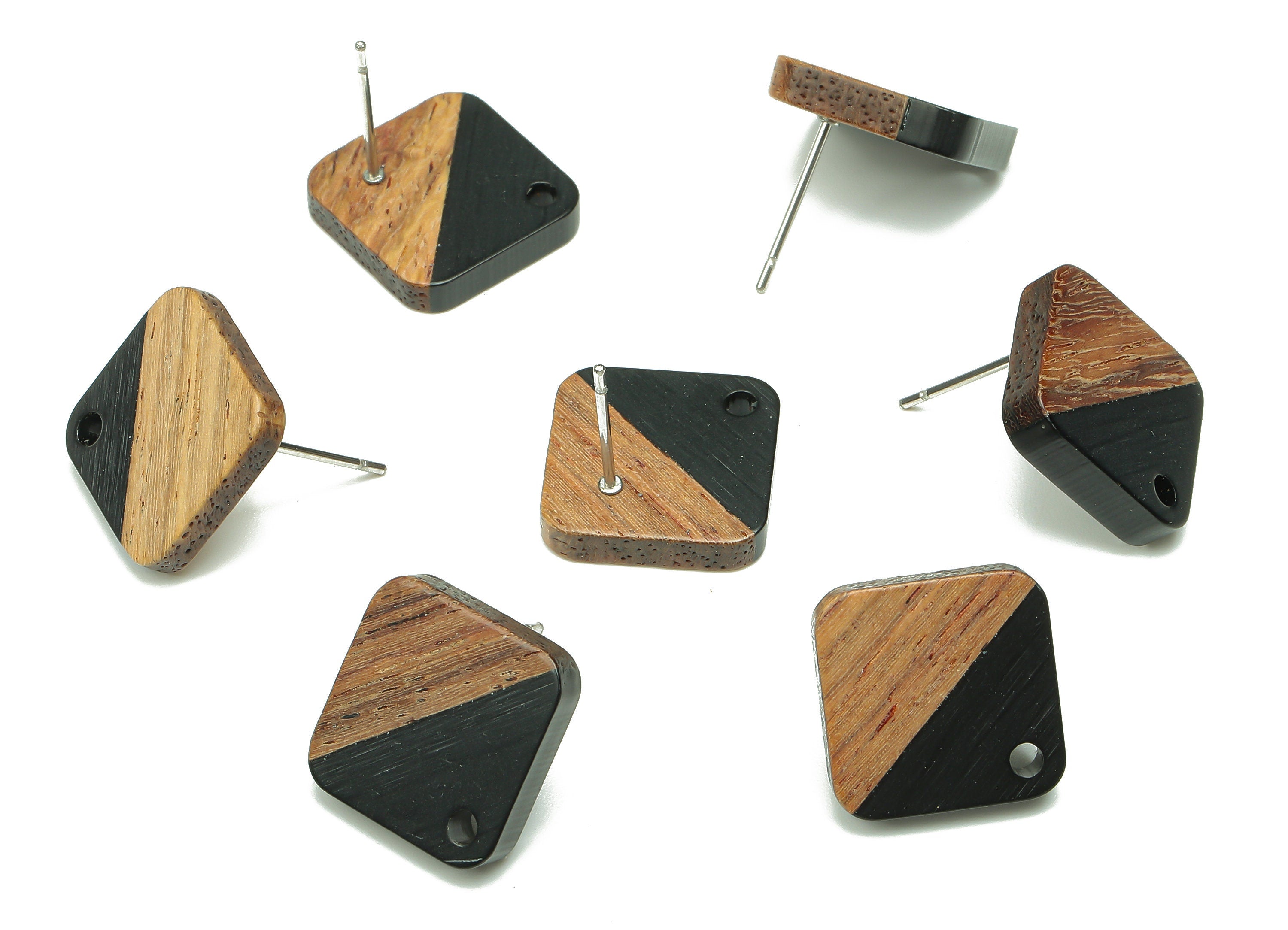 Natural Wooden Diamond Earring Stud - Walnut Wood Rhombus Black Resin Earring Post - 316 Stainless Steel Stud - 17.14x17.14x2.95mm - BB1257K - DOMEDBAZAAR