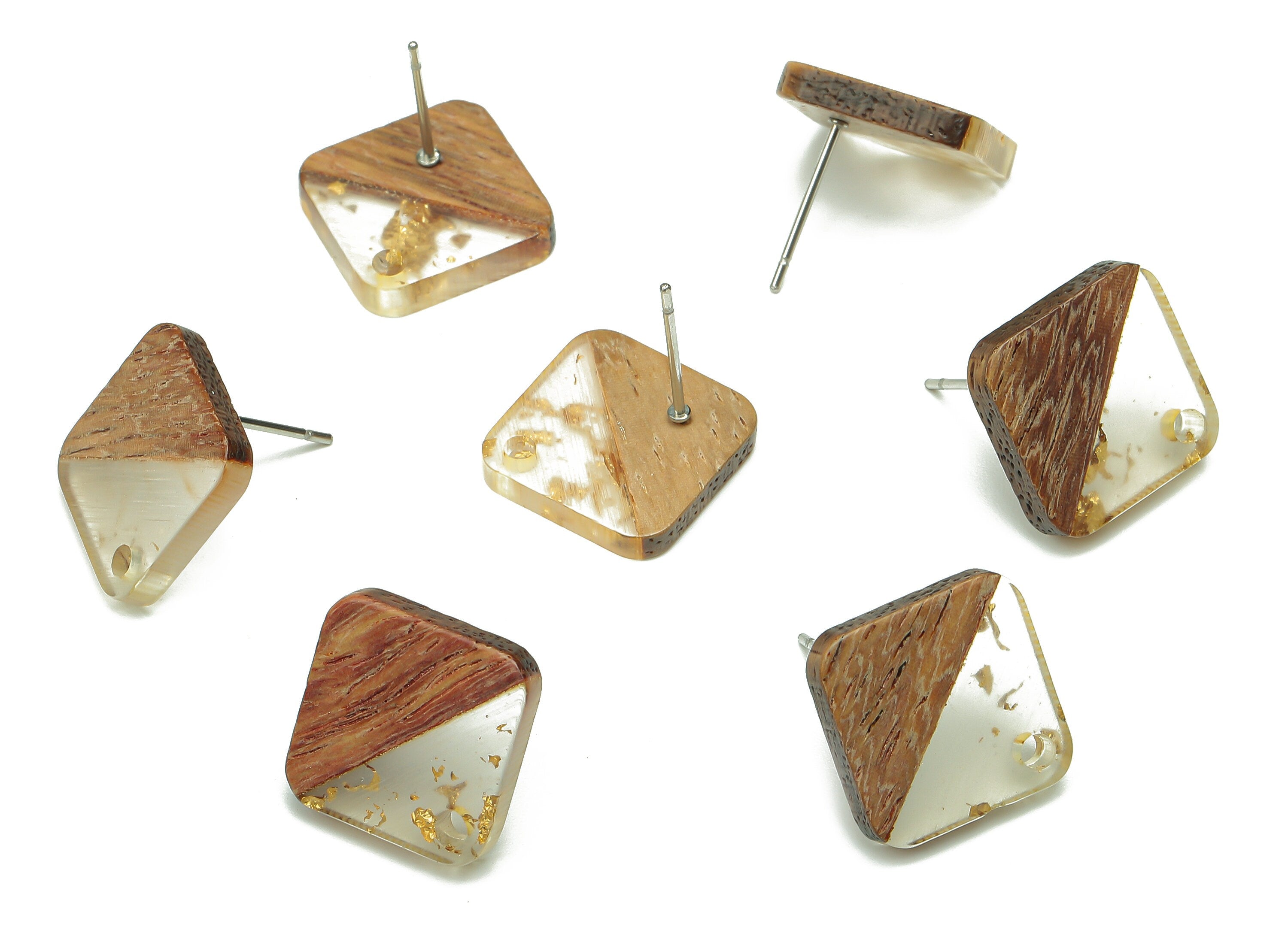 Natural Wooden Diamond Earring Stud - Walnut Wood Rhombus Gold Foil Clear Resin Post - 316 Stainless Steel Stud - 17.1x17.1x2.95mm - BB1257M - DOMEDBAZAAR