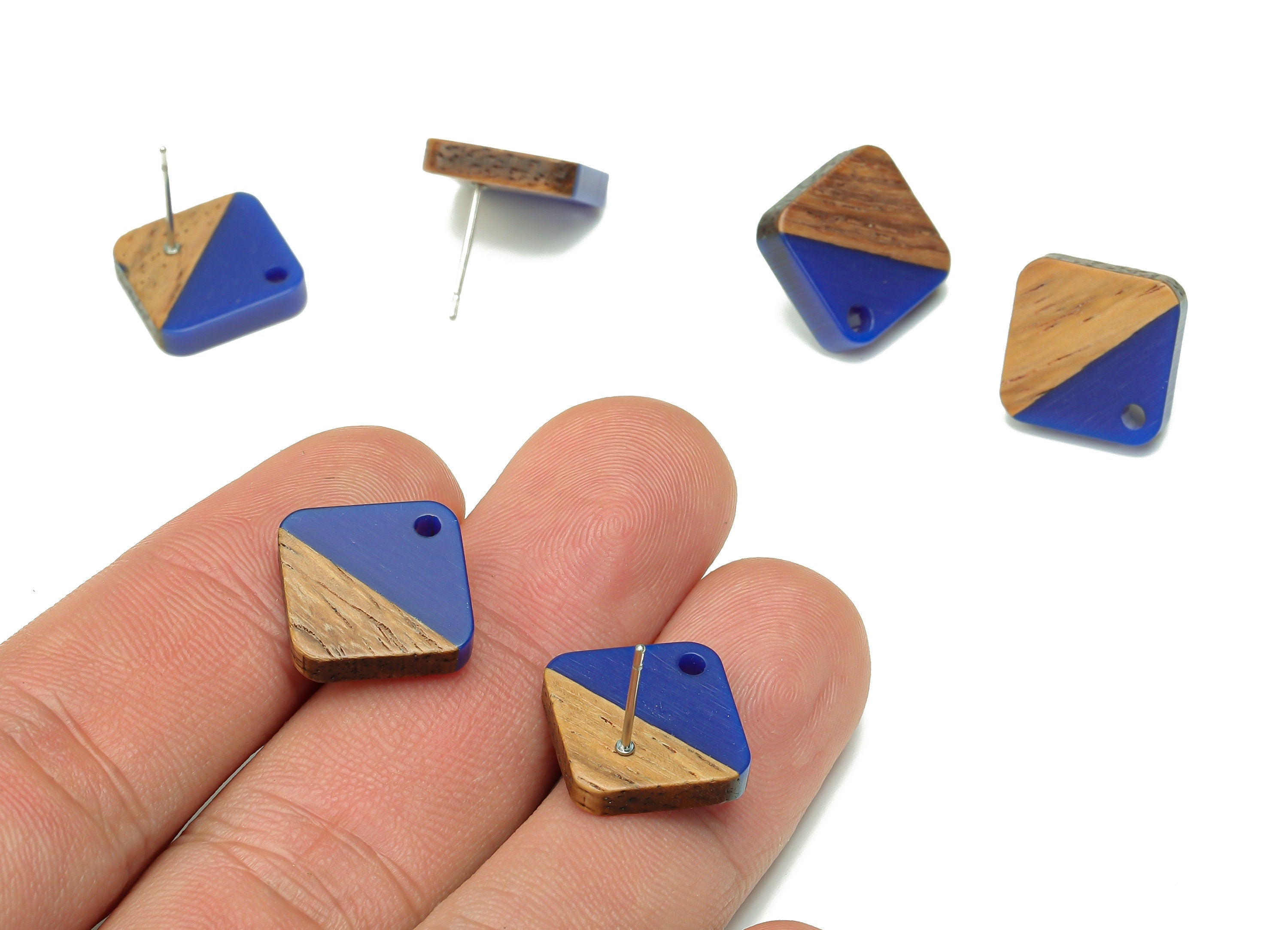 Natural Wooden Diamond Earring Stud - Walnut Wood Rhombus Dark Blue Resin Earring Post - 316 Stainless Steel Stud - 17.1x17.1x2.95mm-BB1257N - DOMEDBAZAAR