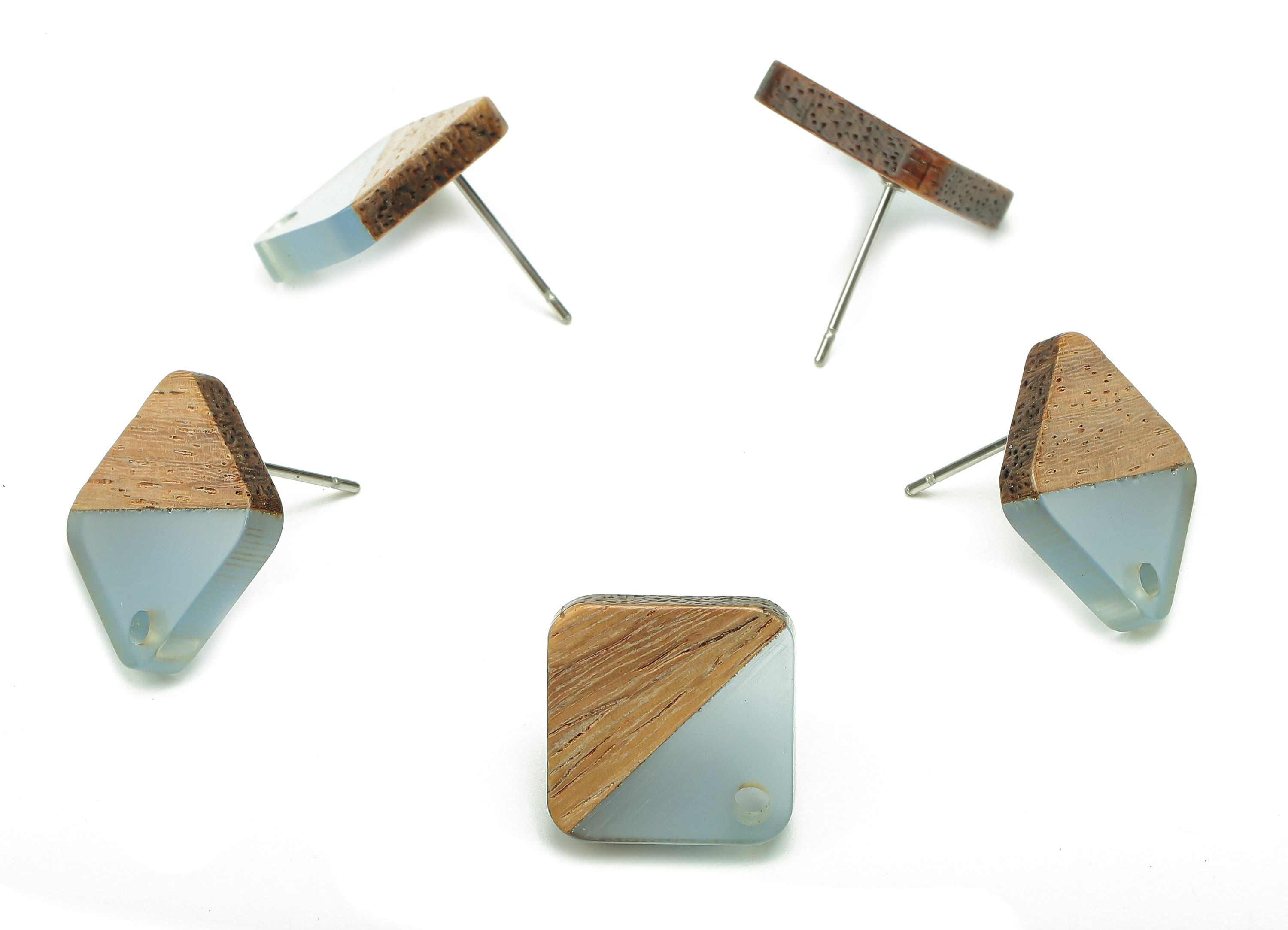 Natural Wooden Diamond Earring Stud - Walnut Wood Rhombus Clear Blue Resin Earring Post - 316 Stainless Steel Stud -17.1x17.1x2.95mm-BB1257P - DOMEDBAZAAR