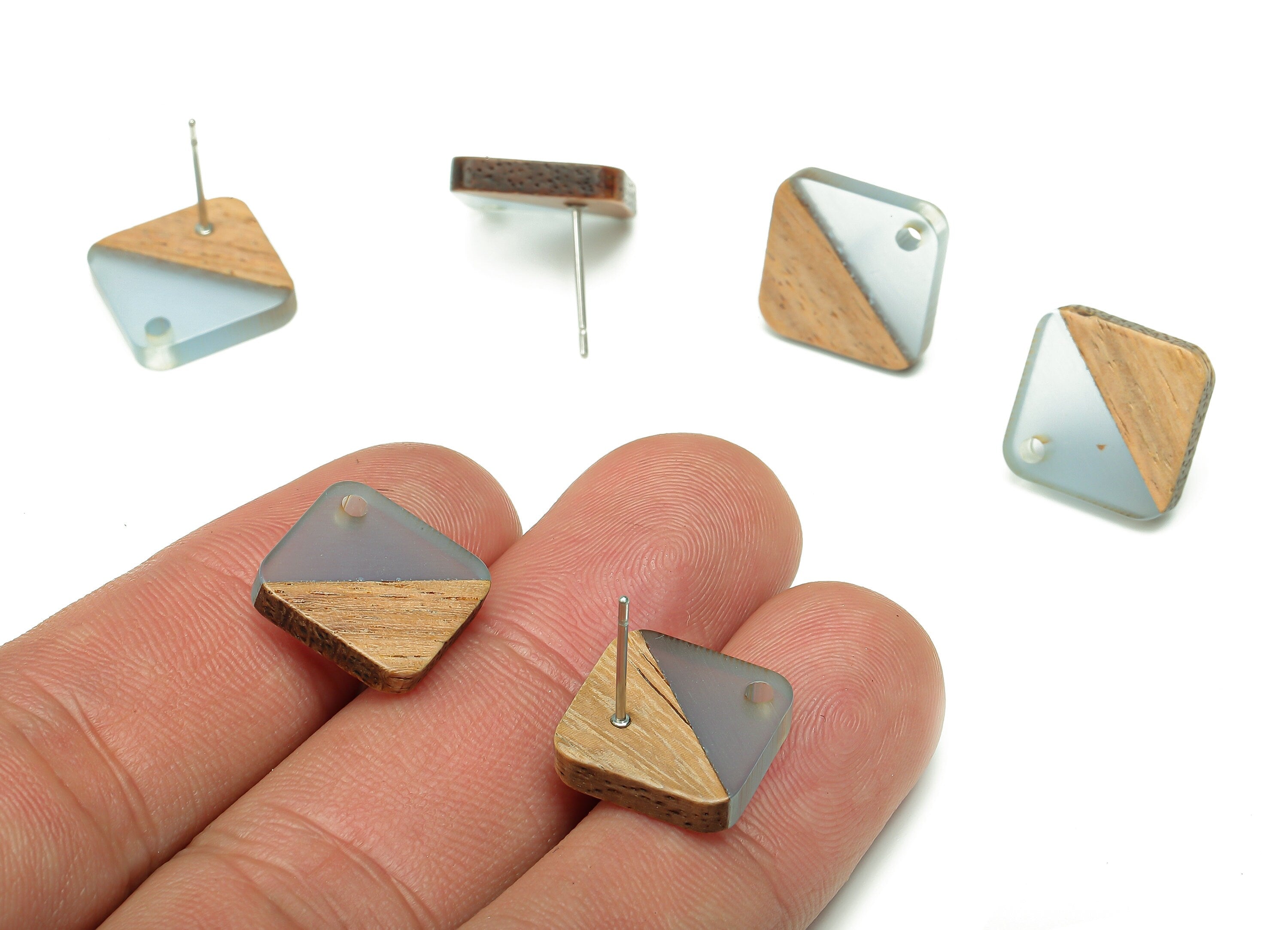 Natural Wooden Diamond Earring Stud - Walnut Wood Rhombus Clear Blue Resin Earring Post - 316 Stainless Steel Stud -17.1x17.1x2.95mm-BB1257P - DOMEDBAZAAR