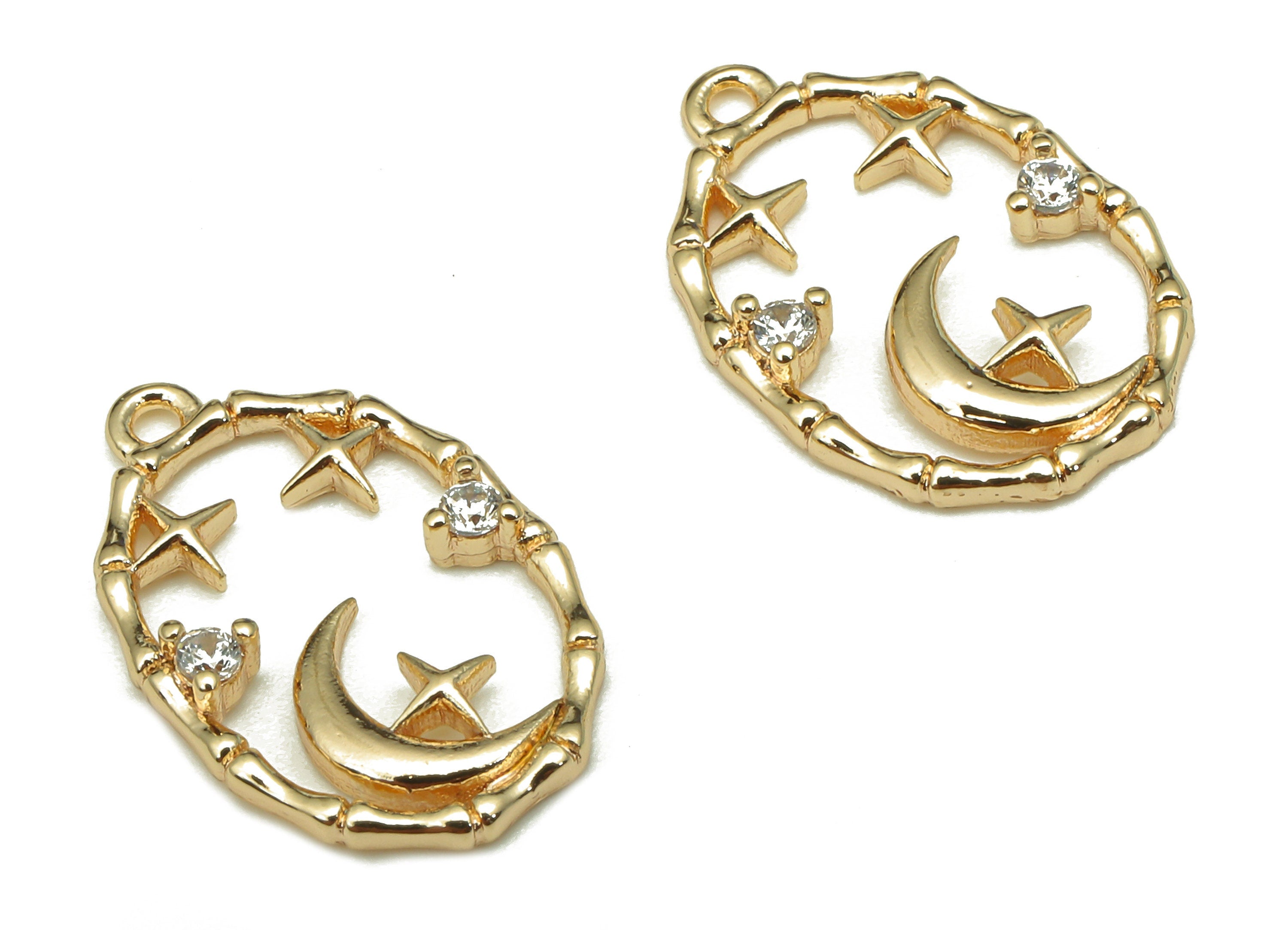 Brass Oval Crescent Earring - Zircon Star Earring Charm - Pendant With Loop - For Necklace - 18K Real Gold Plating - 16.4x10.7x1.3mm-RGP5306 - DOMEDBAZAAR