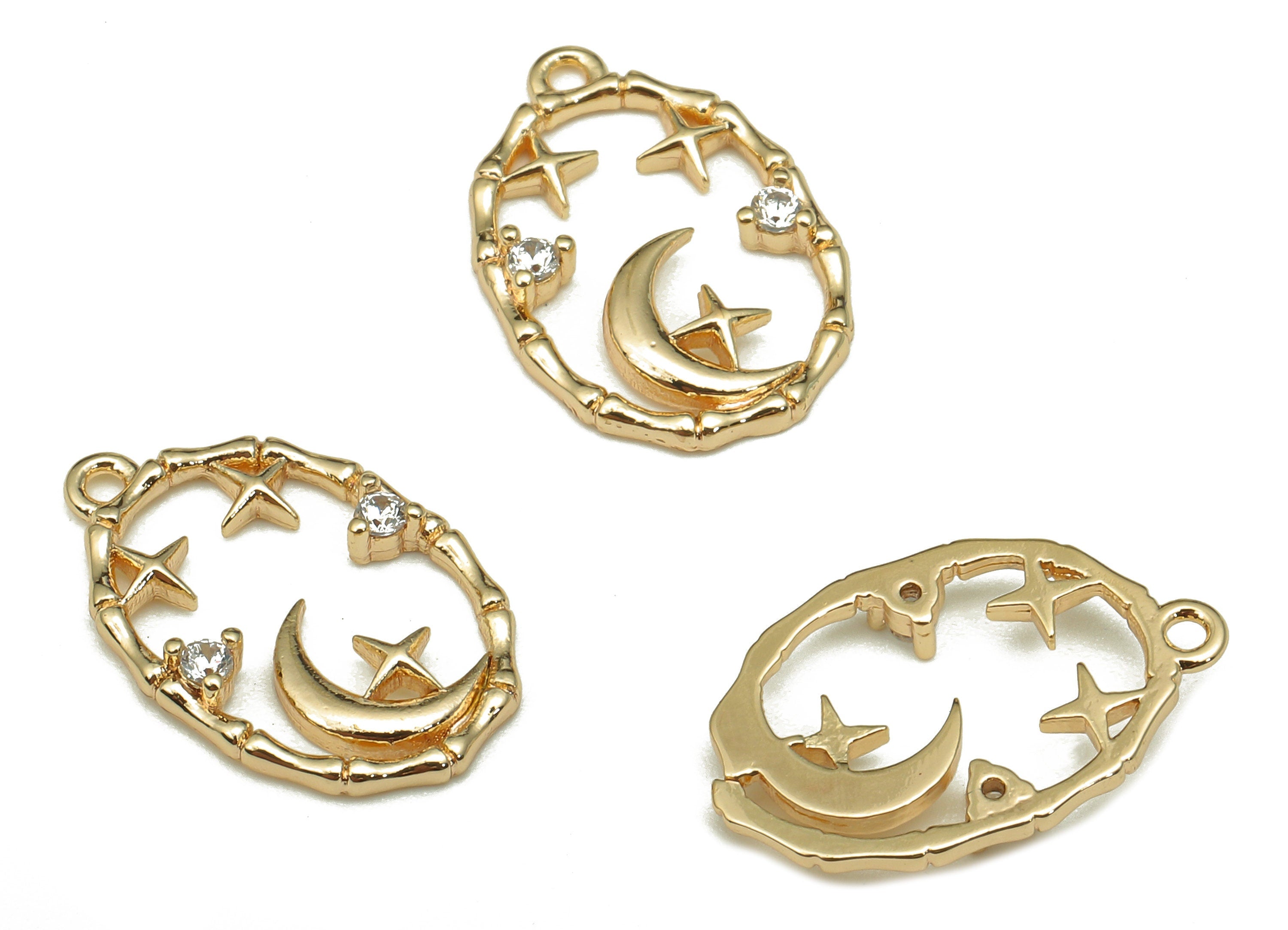 Brass Oval Crescent Earring - Zircon Star Earring Charm - Pendant With Loop - For Necklace - 18K Real Gold Plating - 16.4x10.7x1.3mm-RGP5306 - DOMEDBAZAAR