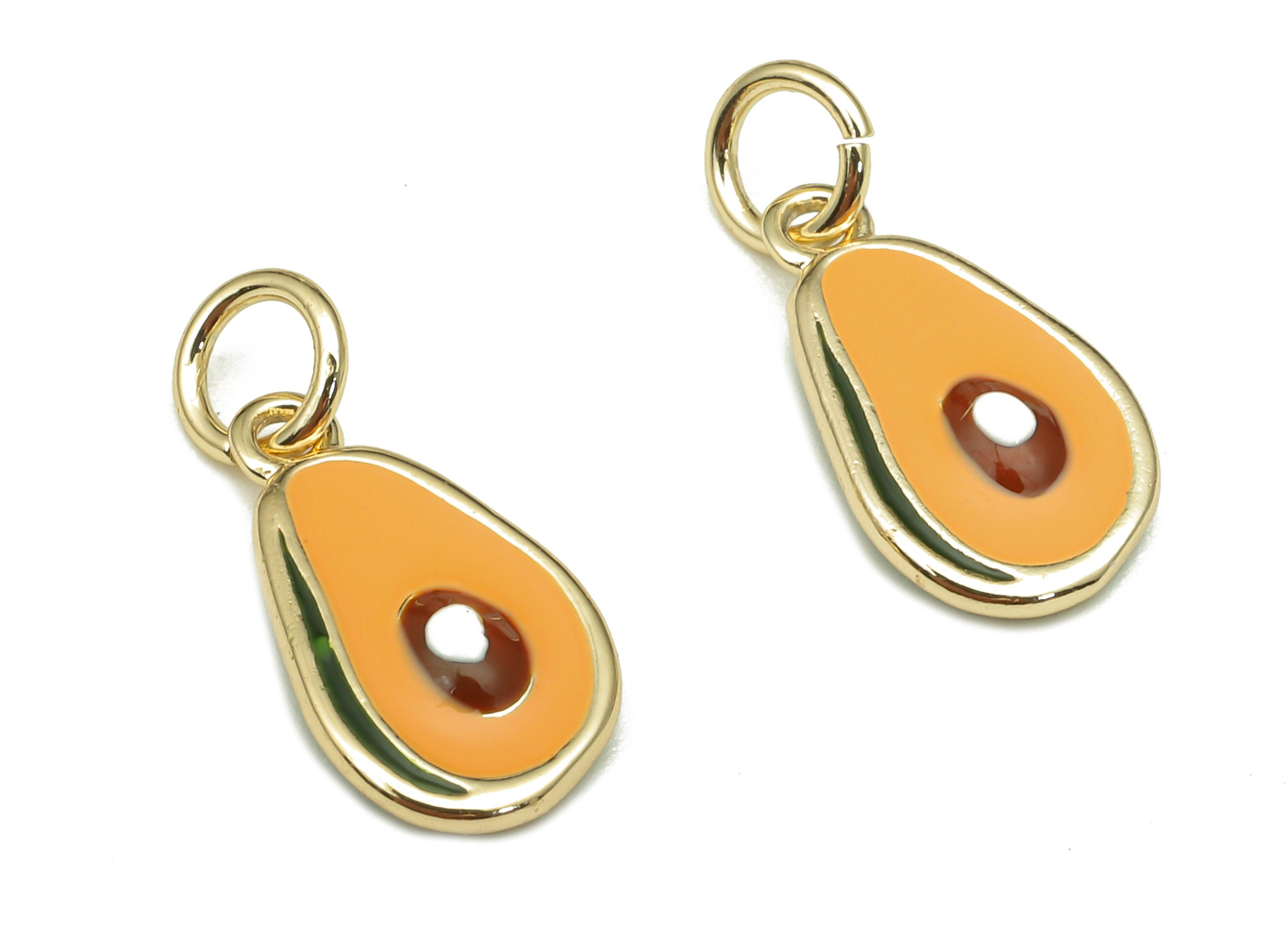 Brass Avocado Earring Charm - Enamel Orange & Green Fruit Charm - Fruit Pendant With Loop - 18K Real Gold Plating - 16.9x7.8x2.6mm -RGP5304 - DOMEDBAZAAR