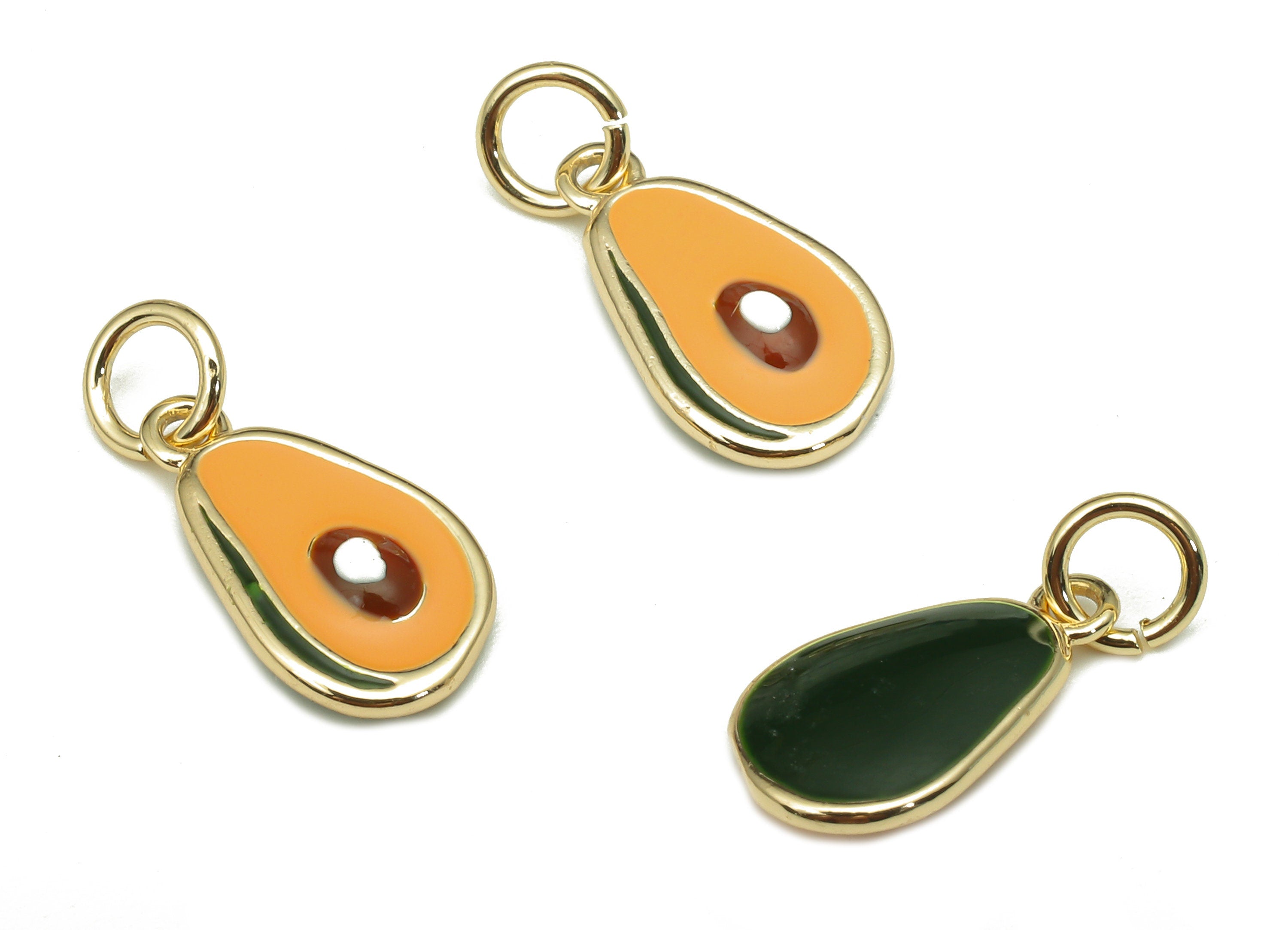 Brass Avocado Earring Charm - Enamel Orange & Green Fruit Charm - Fruit Pendant With Loop - 18K Real Gold Plating - 16.9x7.8x2.6mm -RGP5304 - DOMEDBAZAAR