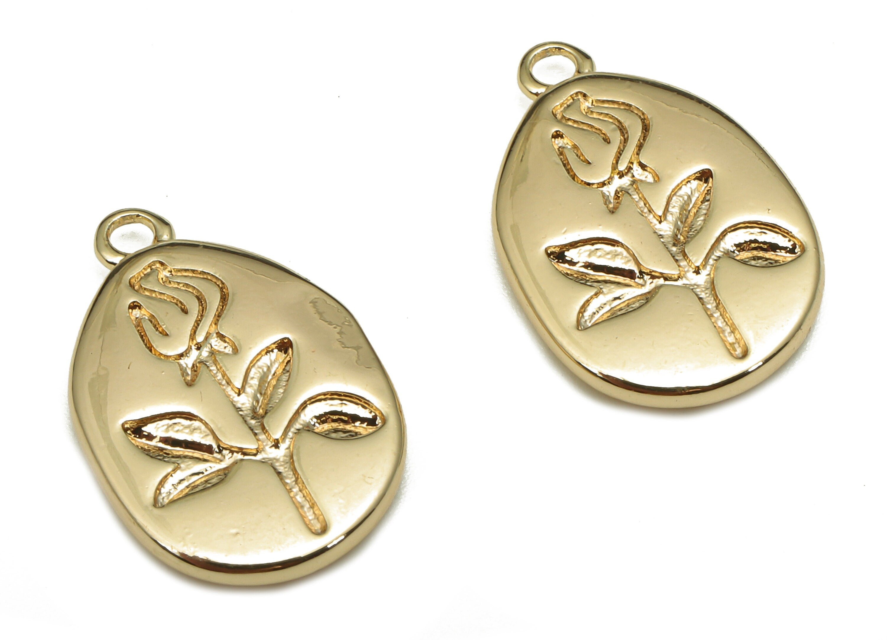 Brass Flowerprint Oval Earring - Pendant With Loop - Flower Engrave Charm For Necklace - 18K Real Gold Plating - 17.5x11.4x1.9mm - RGP5308 - DOMEDBAZAAR