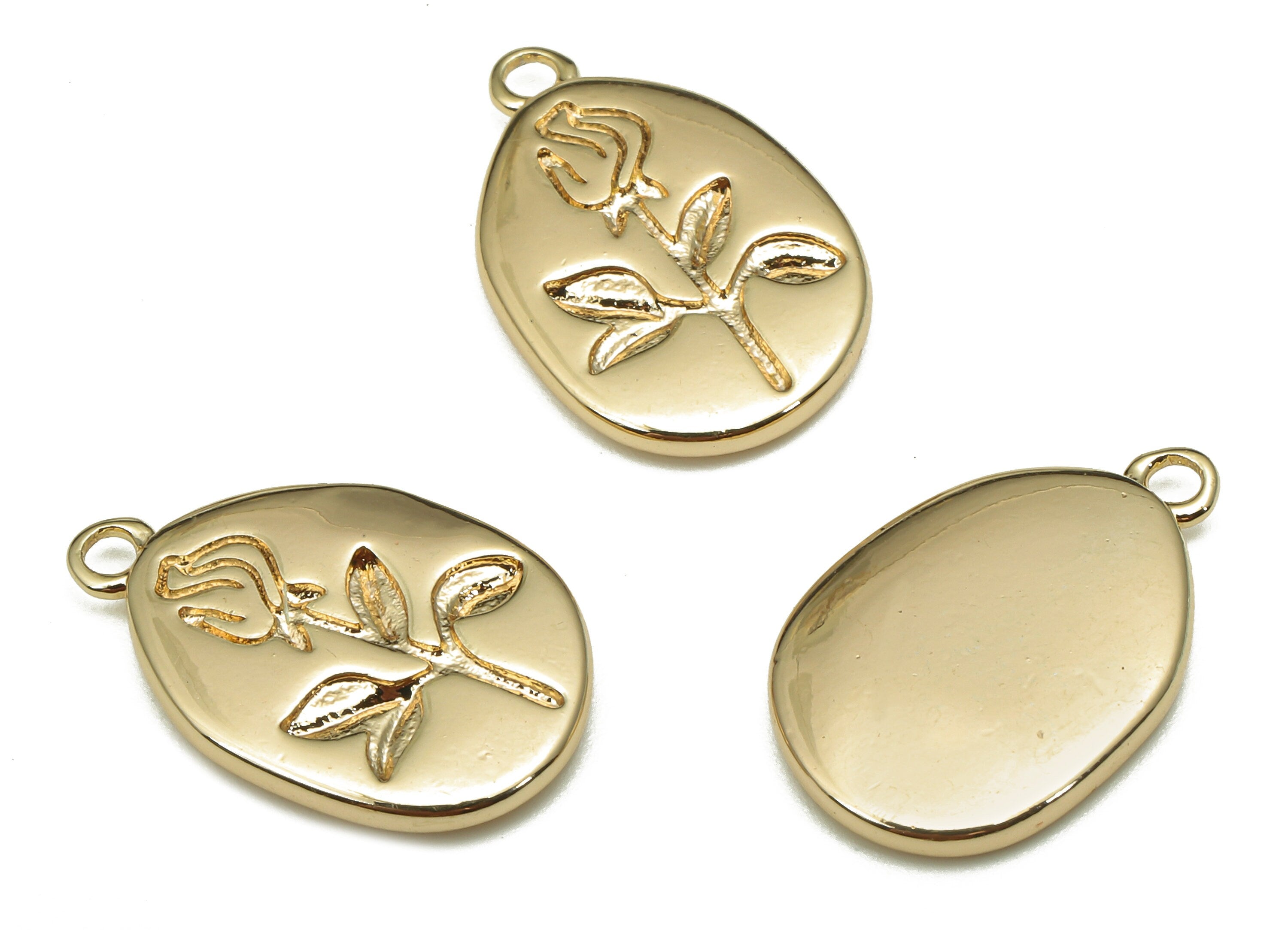Brass Flowerprint Oval Earring - Pendant With Loop - Flower Engrave Charm For Necklace - 18K Real Gold Plating - 17.5x11.4x1.9mm - RGP5308 - DOMEDBAZAAR