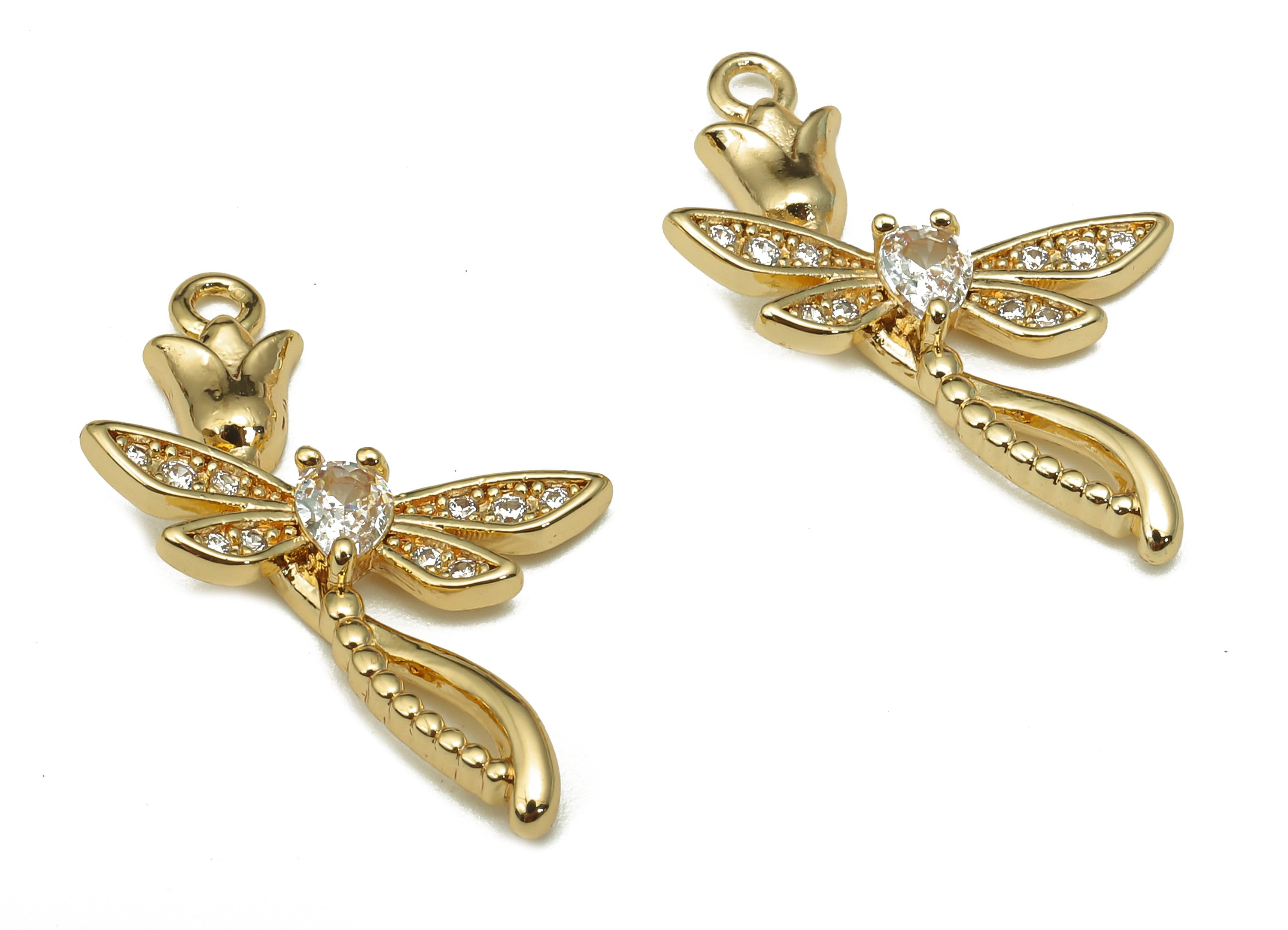Brass Flower Dragonfly Charm - Zircon Earring For Necklace - Flower Pendant With Loop - 18K Real Gold Plating - 23.9x15.9x3.2mm - RGP5309 - DOMEDBAZAAR