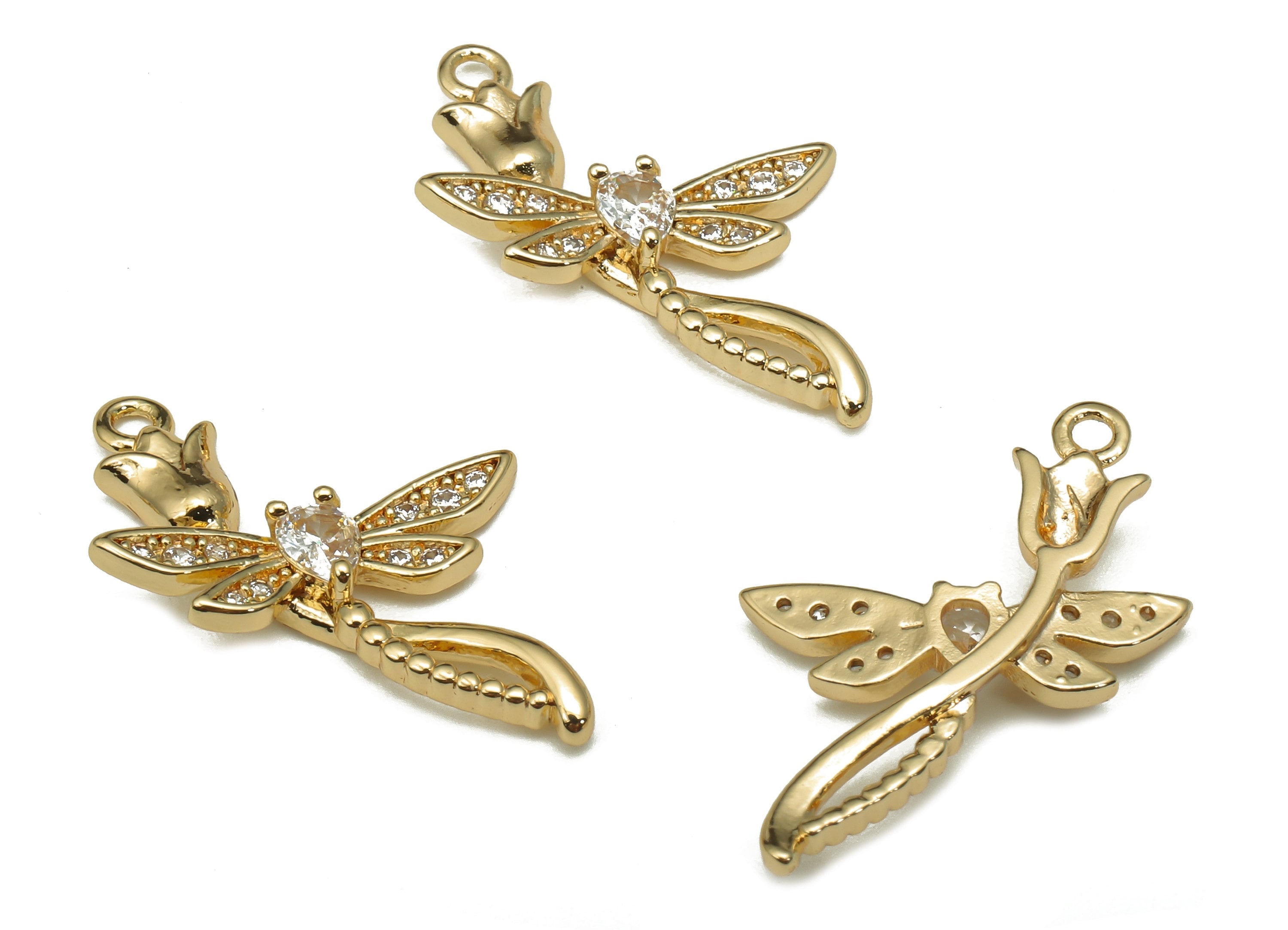 Brass Flower Dragonfly Charm - Zircon Earring For Necklace - Flower Pendant With Loop - 18K Real Gold Plating - 23.9x15.9x3.2mm - RGP5309 - DOMEDBAZAAR