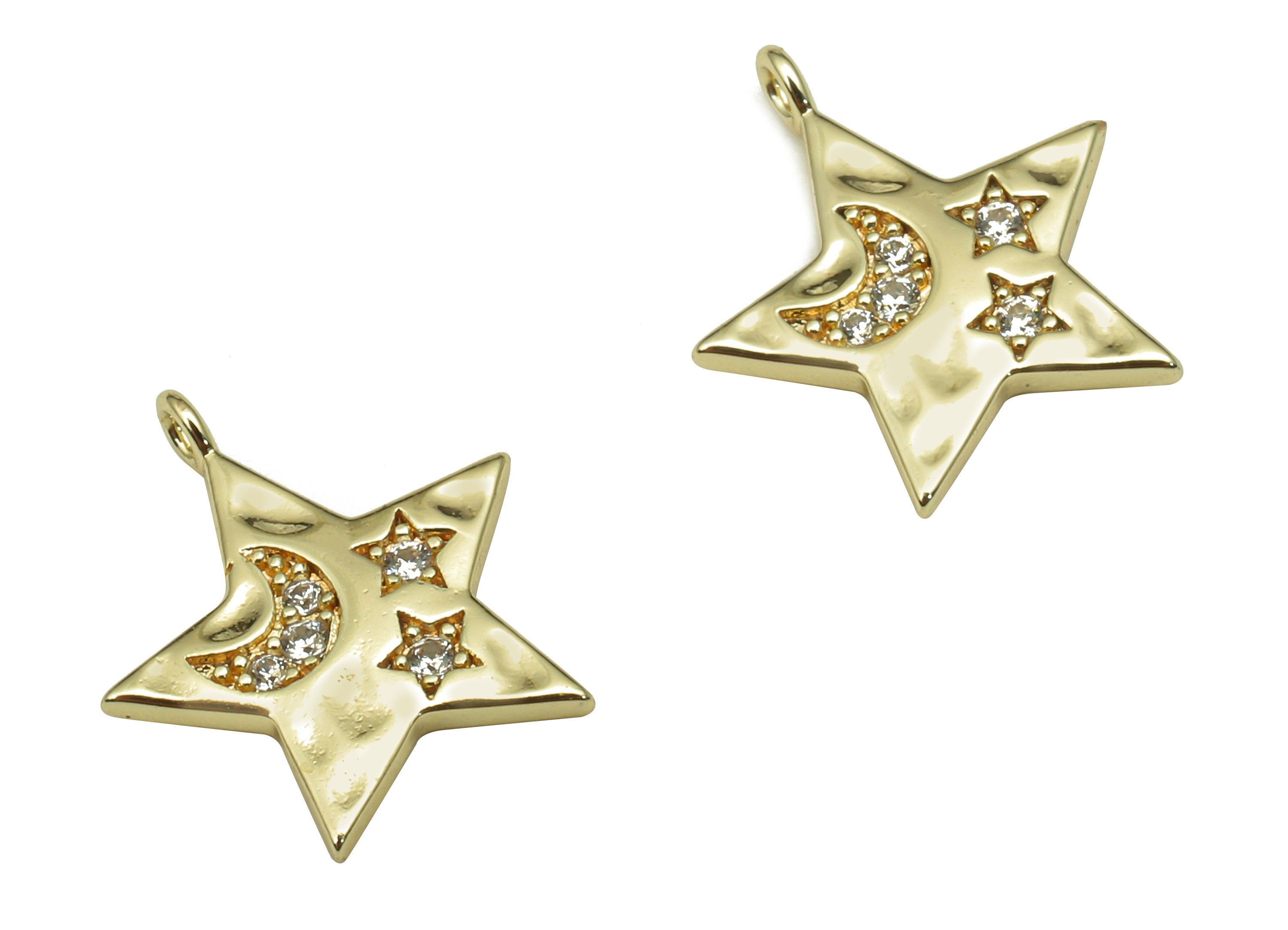 Brass Hammered Star Charm - Zircon Crescent Star Earring - Pendant With Loop - For Necklace - 18K Real Gold Plating -13.1x11.9x1.3mm-RGP5312 - DOMEDBAZAAR