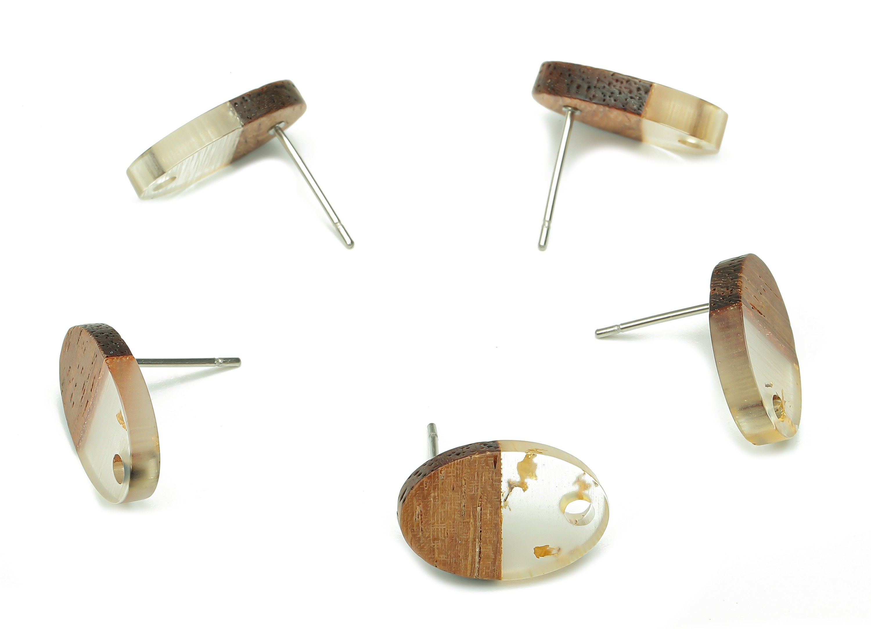 Natural Wooden Oval Earring Stud - Walnut Wood Gold Foil Clear Resin Ellipse Earring - 316 Stainless Steel Stud - 15.6x10.23x2.4mm - BB1258C - DOMEDBAZAAR