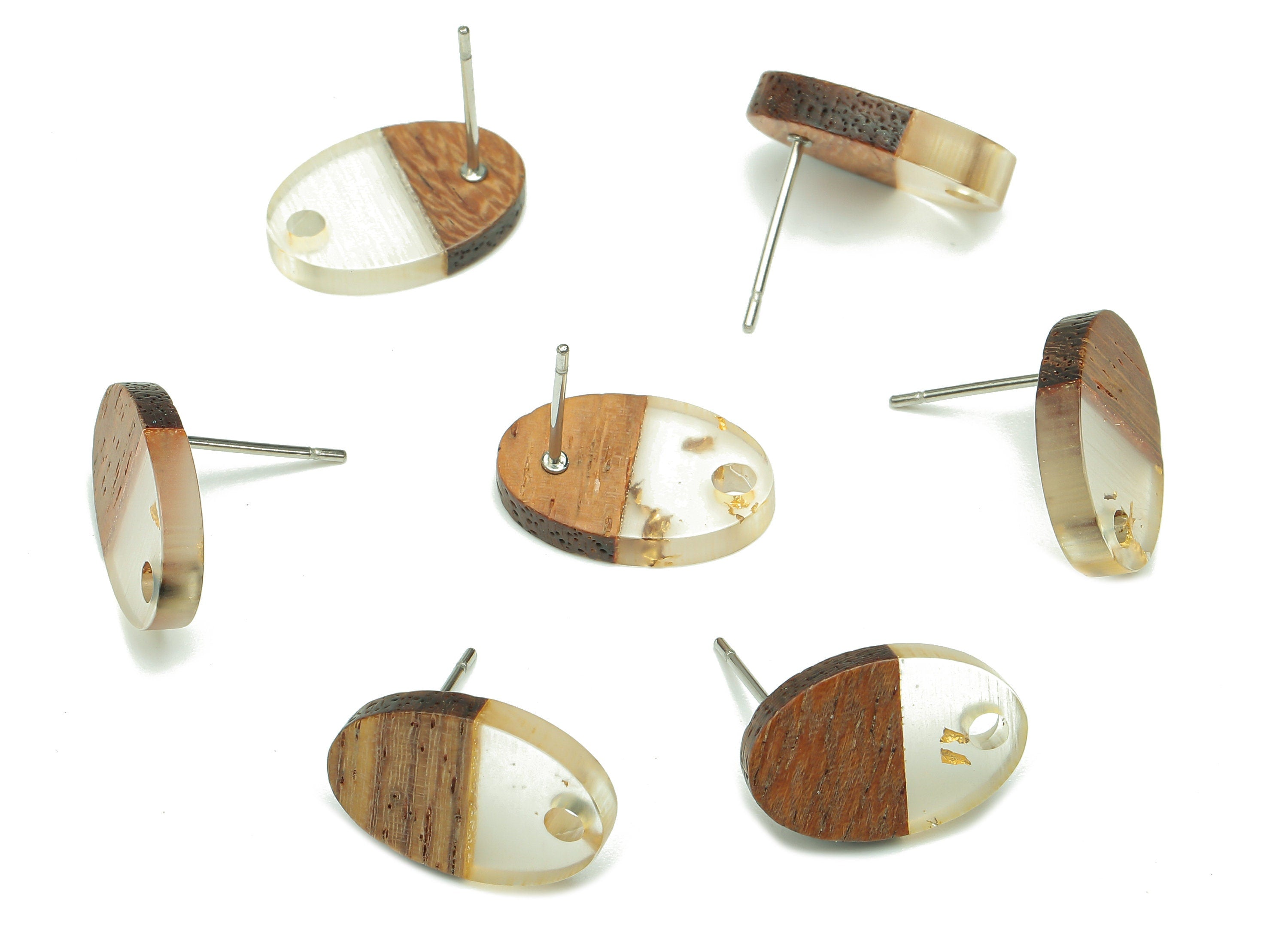 Natural Wooden Oval Earring Stud - Walnut Wood Gold Foil Clear Resin Ellipse Earring - 316 Stainless Steel Stud - 15.6x10.23x2.4mm - BB1258C - DOMEDBAZAAR
