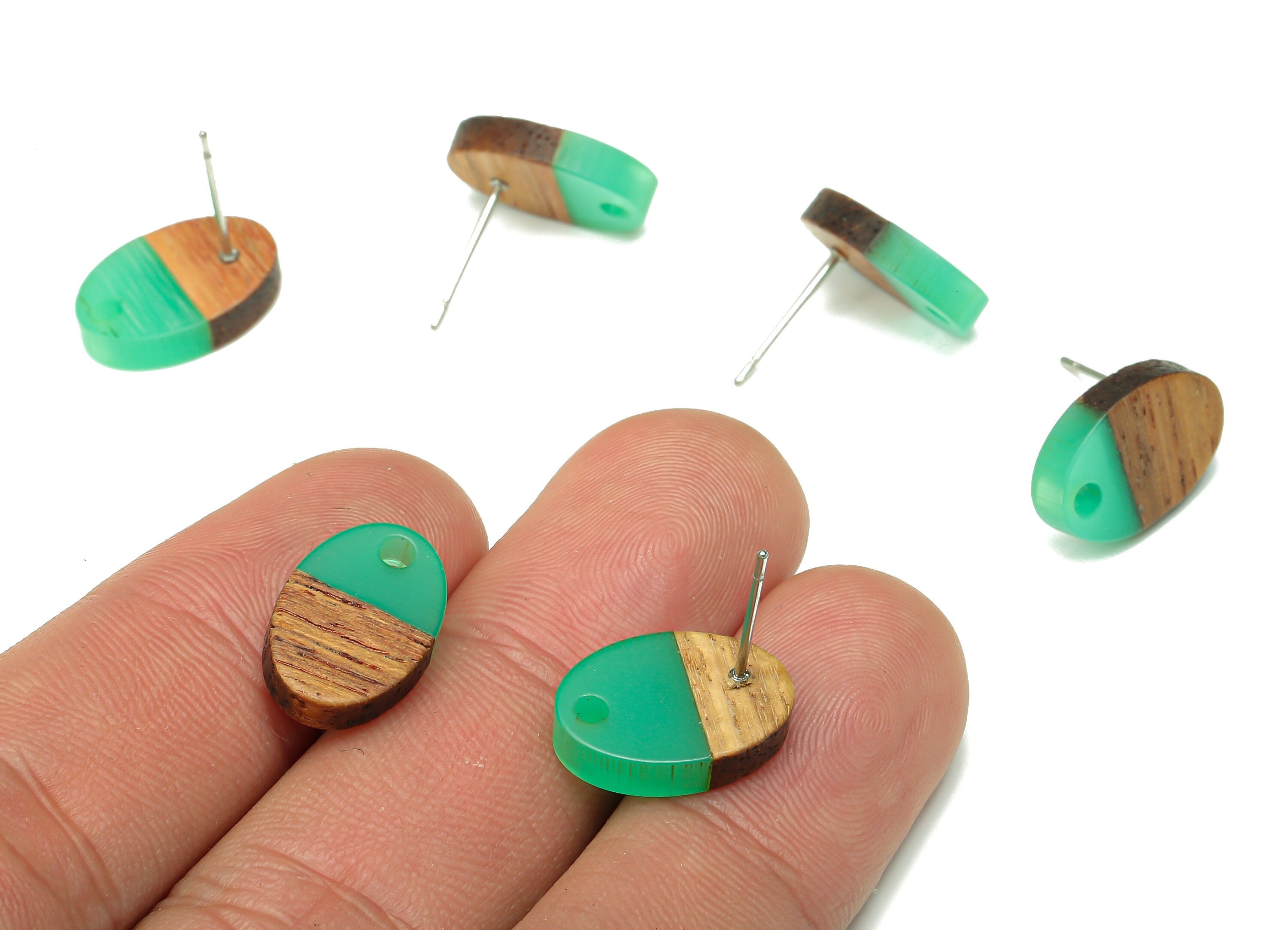 Natural Wooden Oval Earring Stud - Walnut Wood Light Green Resin Ellipse Earring Post - 316 Stainless Steel Stud - 15.6x10.2x2.4mm - BB1258D - DOMEDBAZAAR